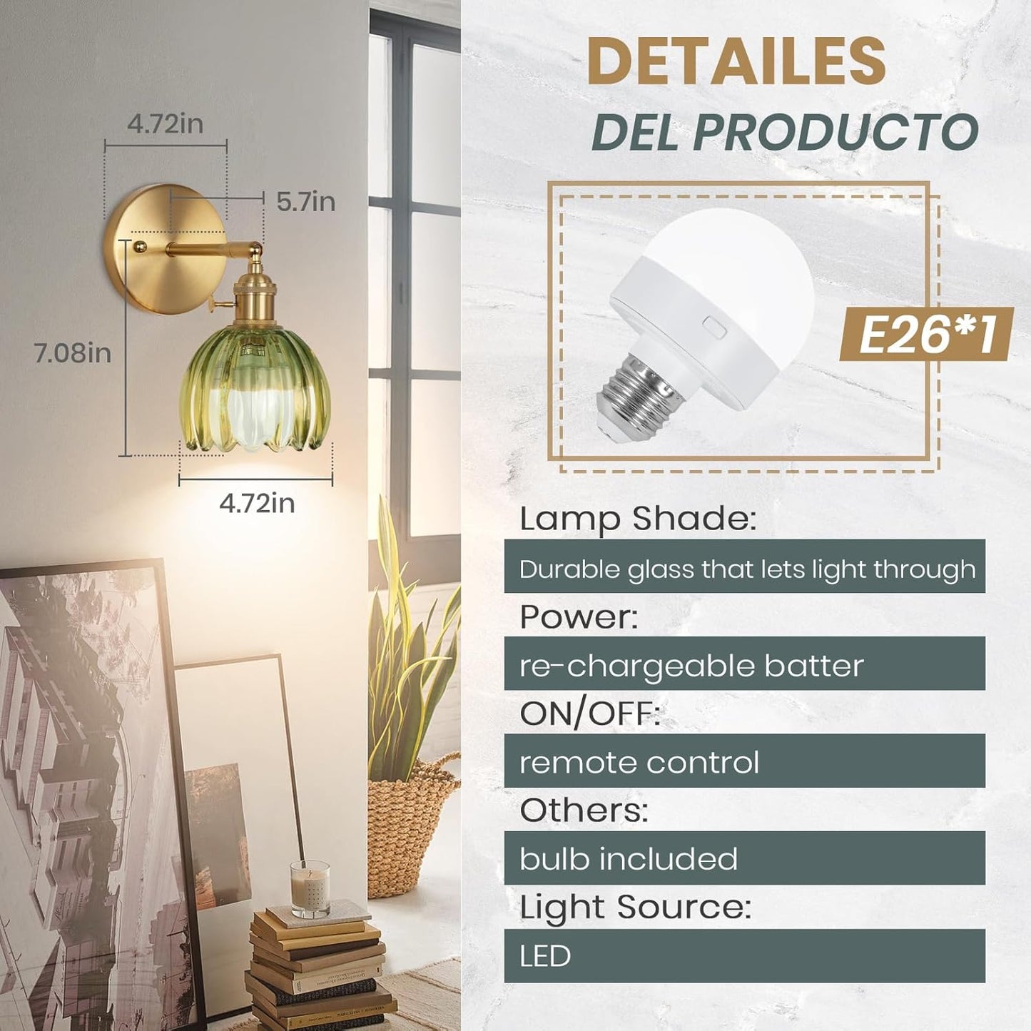 Battery Operated Wall Sconce, Vintage Wall Sconce with Deep Green Tulip Glass Lampshade Rechargeable Battery Powered Wall Light with Remote Control for Bedroom,Living Room, Hallway, Aisle