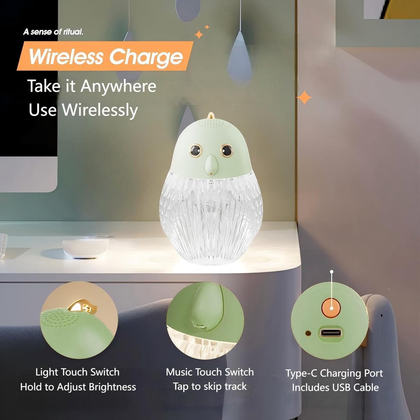 Parrot Decor Table Lamp: Cordless Music Night Light for Nightstand Bedroom Nursery - Birthday Christmas Gift for Teen Kid Girl Boy Daughter Age 6-12