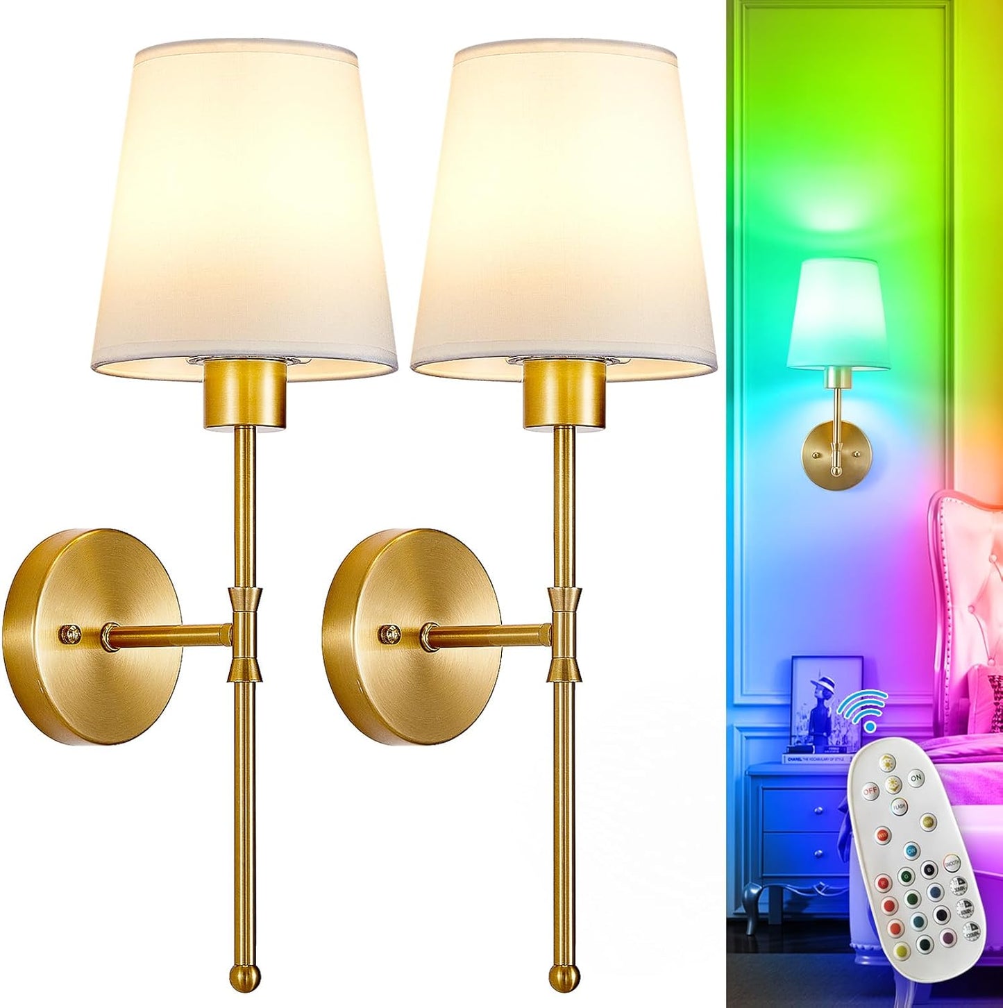Depuley Battery Operated Wall Sconce: Set of 2 Wireless Wall Lights with Remote for Bedroom - Rechargeable 15 Colors Gold Wall Lamp for Living Room Hallway