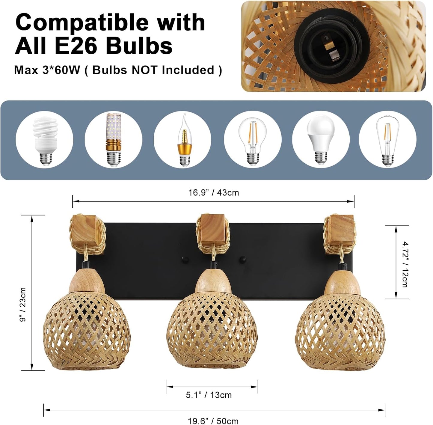 3-Light Bathroom Vanity Light Fixtures， Rustic Style Farmhouse Wood Bathroom Wall Sconce， Handmade Bamboo Woven Boho Wicker Basket Lamp Shade，suitable for bedroom, hallway, and living room