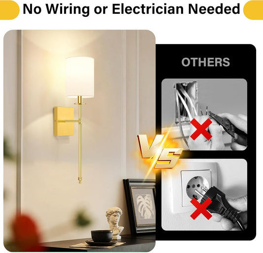 24.8 Inch Wall Sconces Battery Operated Set of 2, Rechargeable Wireless Wall Sconces Lights with Remote, Not Hardwired Dimmable Gold Wall Lamps with White Fabric Shade for Bedroom, 2 Bulbs Included