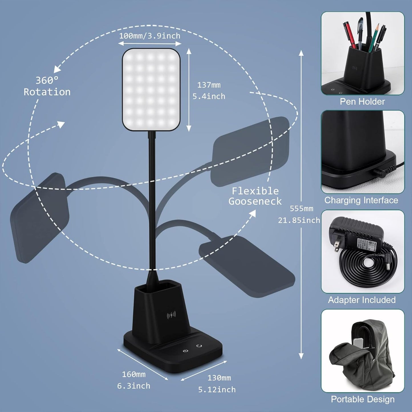 Sailstar Desk Lamp, LED Desk Lamps for Home Office, Wireless Charger Small Desk Lamp with Pen Holder, 3 Color Modes, Dimmable, CRI 85, 800LM, Study Lamps for College Dorm Room, Adapter Included, Black