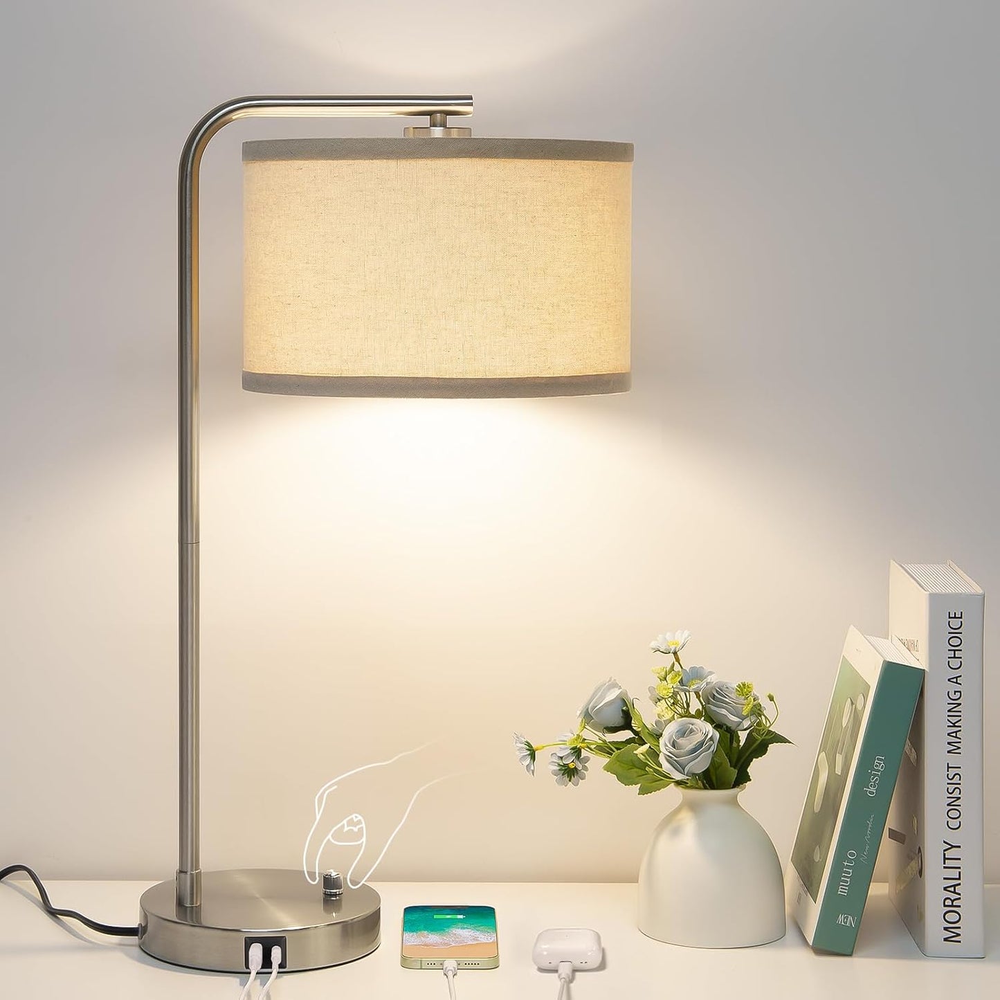 Tall Table Lamp with USB C+A Ports, Fully Stepless Dimmable Modern Bedside Nightstand Lamp, Reading Desk Lamp for Bedroom, Living Room, Study Room, Office, 9W 3000K LED Bulb Included
