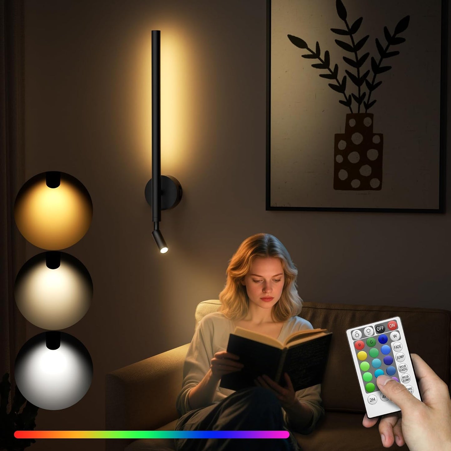 Battery Operated Sconces Set of Two: Wireless Magnet Wall Lights Rechargeable with Remote Cordless Adhesive LED Sconces Wall Lighting Indoor for Living Room Bedroom Hallway Decor Black