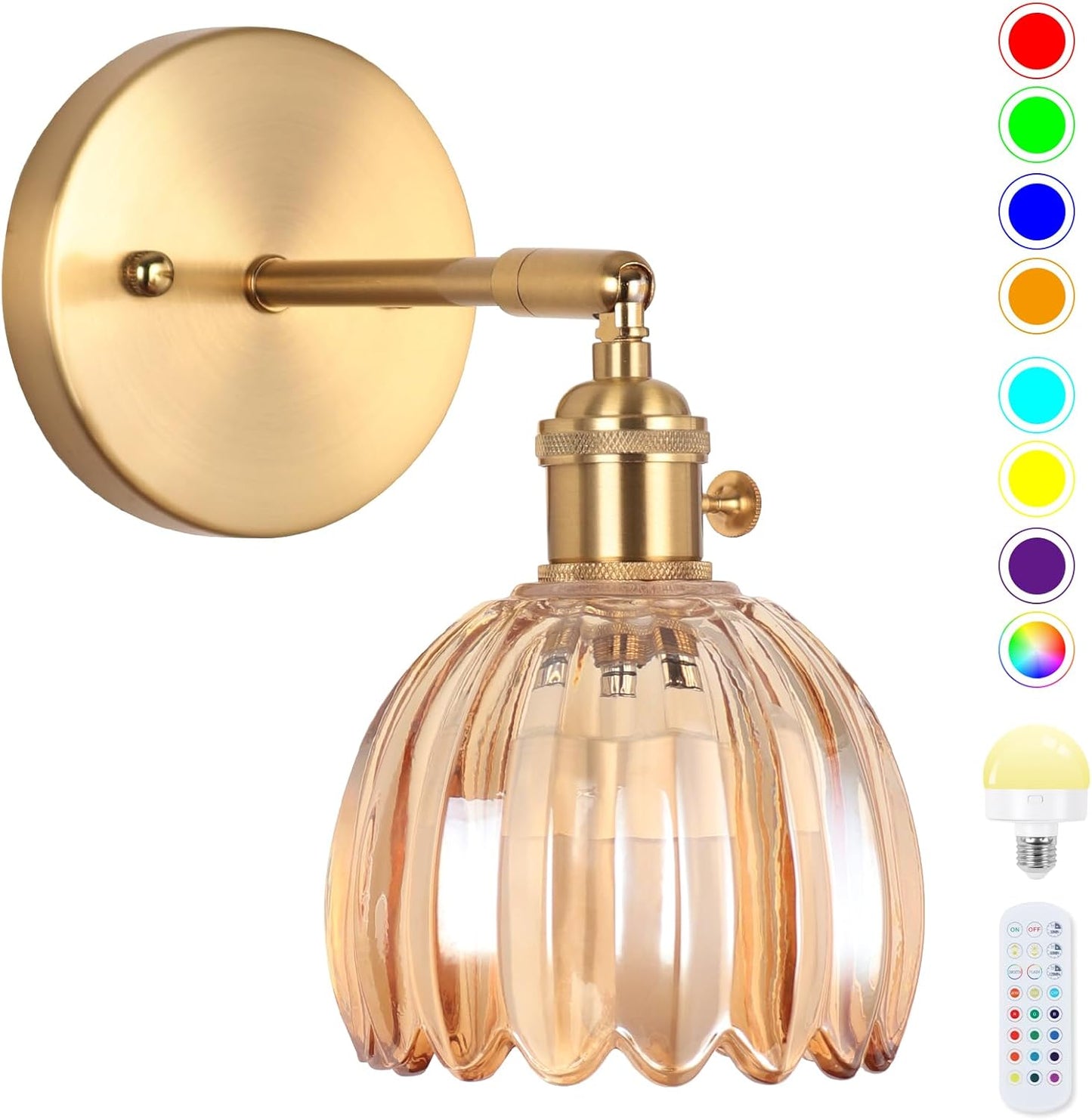Battery Operated Wall Sconce, Vintage Wall Sconce with Deep Green Tulip Glass Lampshade Rechargeable Battery Powered Wall Light with Remote Control for Bedroom,Living Room, Hallway, Aisle