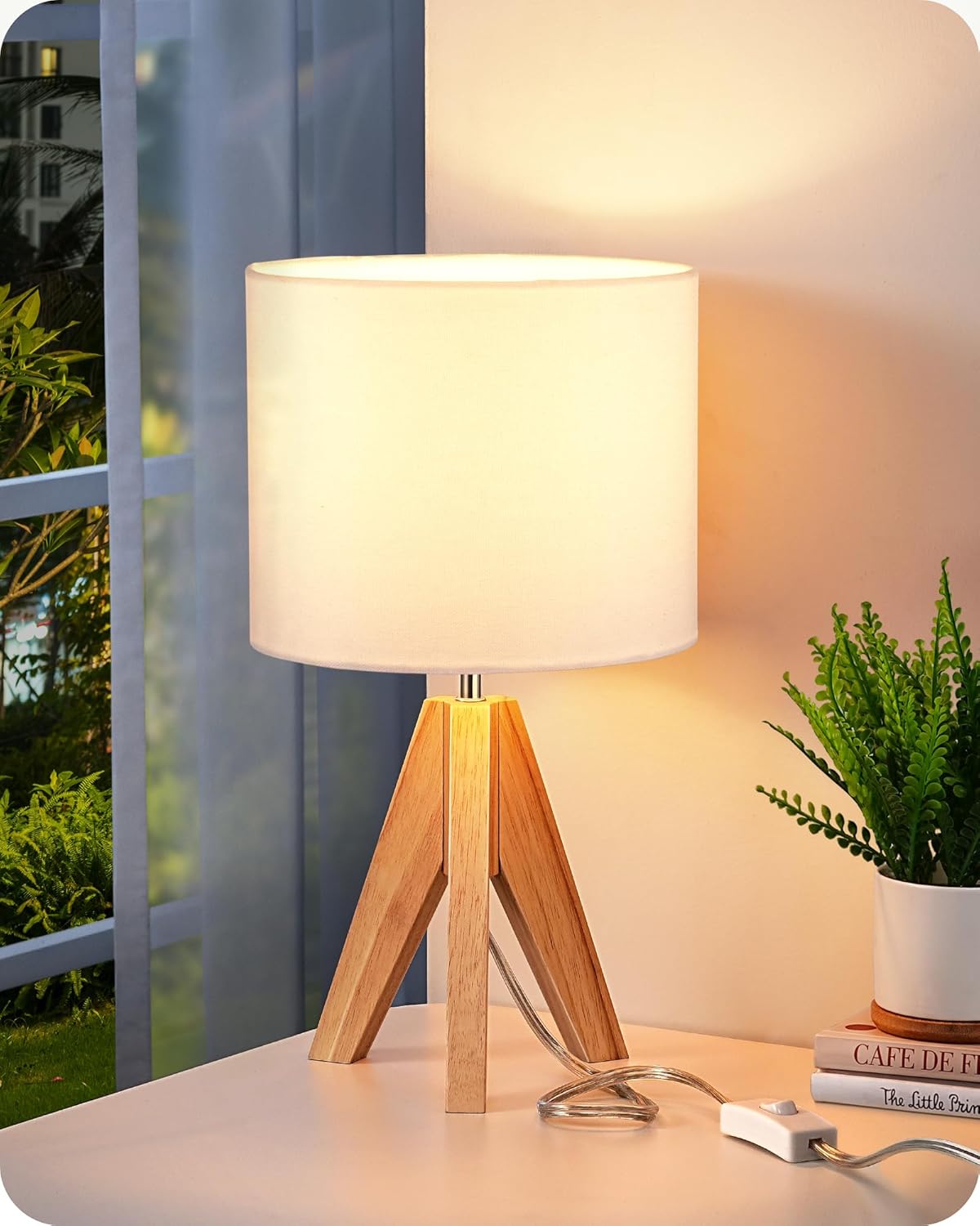 EDISHINE Tripod Table Lamp, Small Cute Bedside Lamp with Linen Beige Lampshade, Nightstand Lamp for Nursery, Bedroom, Kid Room, Living Room, Light Brown Wooden Base, E26 Socket, 14.2 Inch