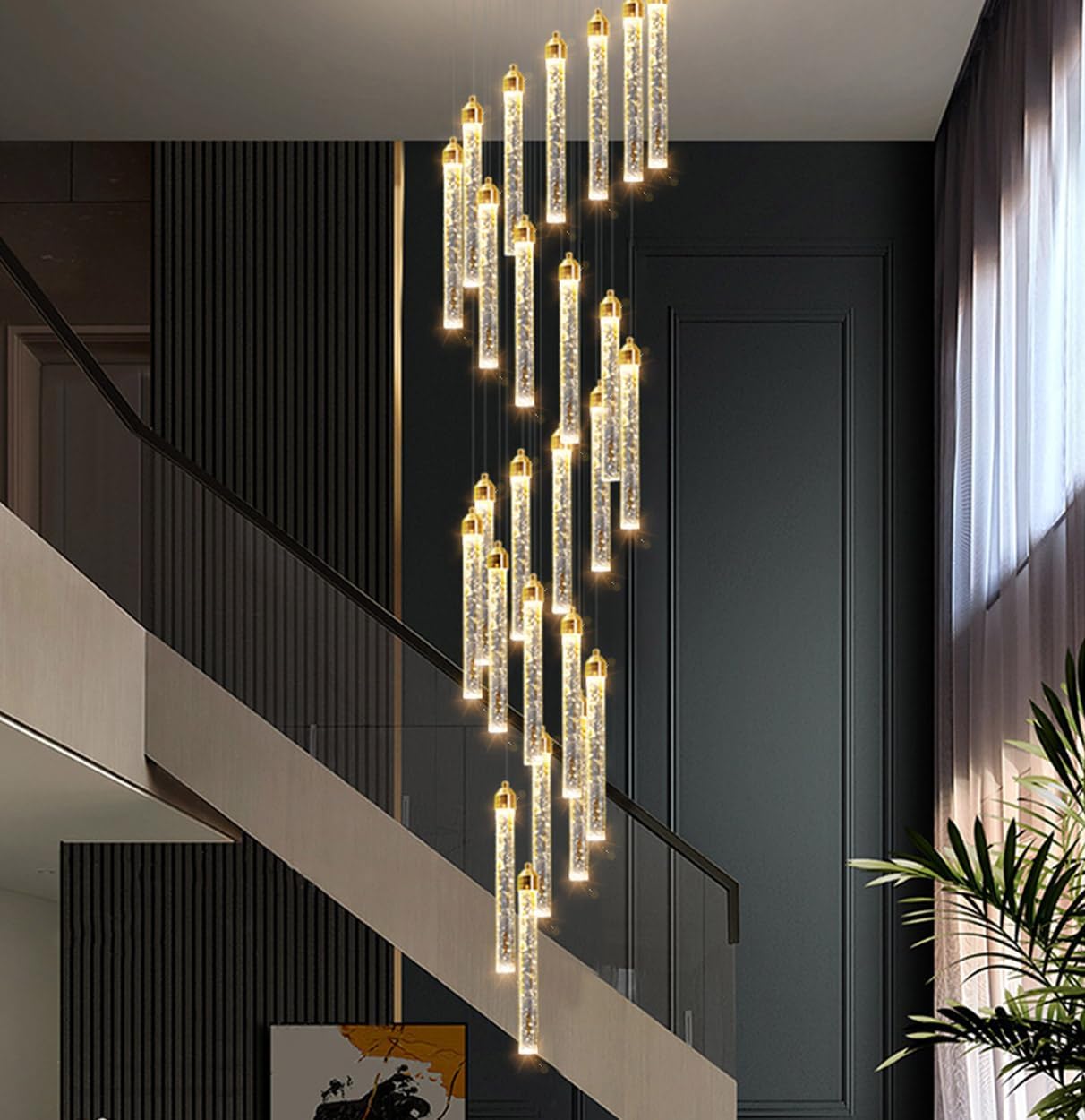 12-Lights Chandelier LED Dimmable Chandeliers for Entryway Flush Mount Ceiling Pendant Light Fixture Crystal Chandeliers for Living Room Black Finished Lighting Modern High Ceiling Chandelier