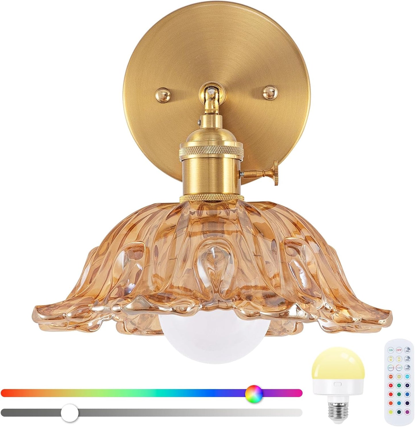 Battery Operated Wall Sconce, Vintage Wall Sconce with Deep Green Tulip Glass Lampshade Rechargeable Battery Powered Wall Light with Remote Control for Bedroom,Living Room, Hallway, Aisle