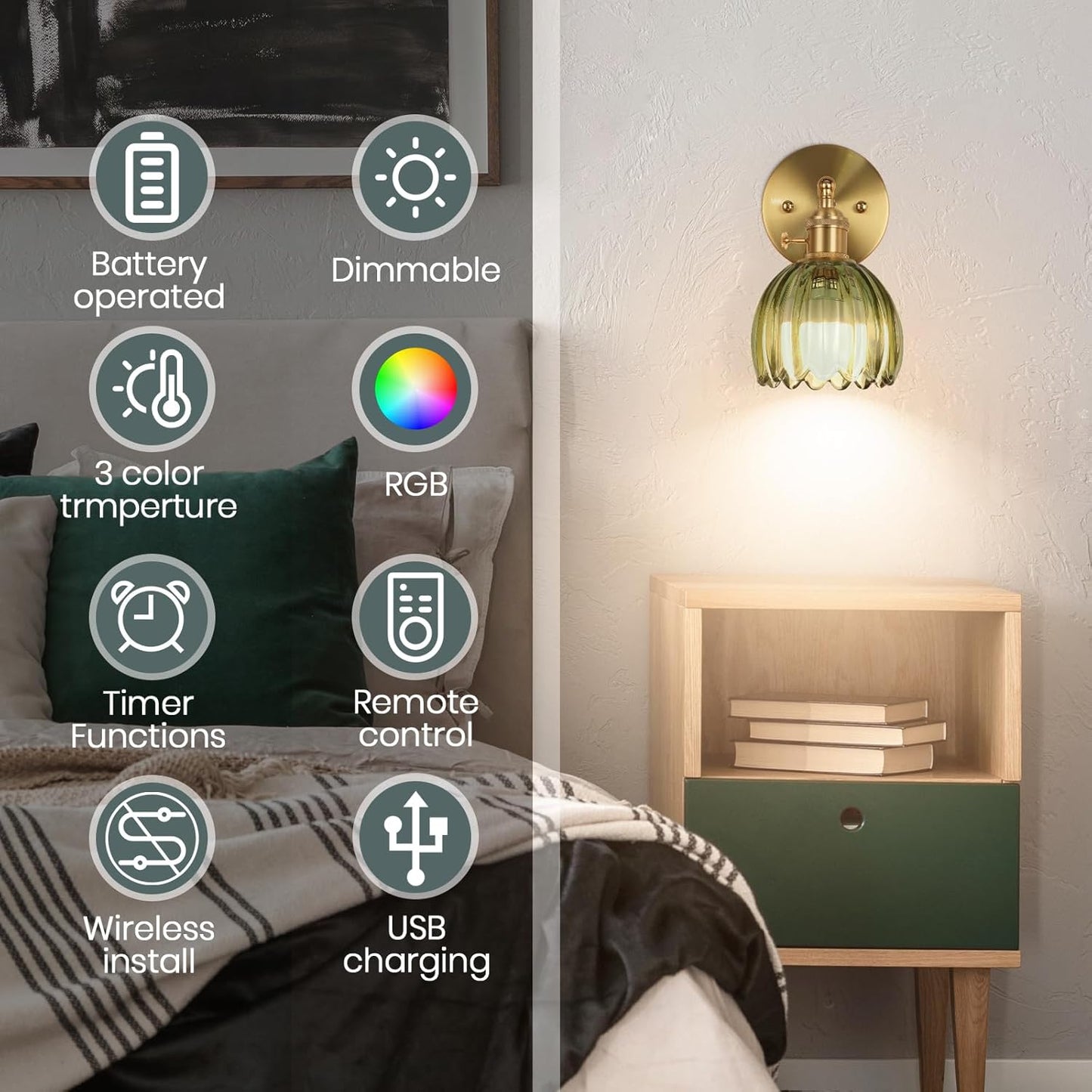 Battery Operated Wall Sconce, Vintage Wall Sconce with Deep Green Tulip Glass Lampshade Rechargeable Battery Powered Wall Light with Remote Control for Bedroom,Living Room, Hallway, Aisle