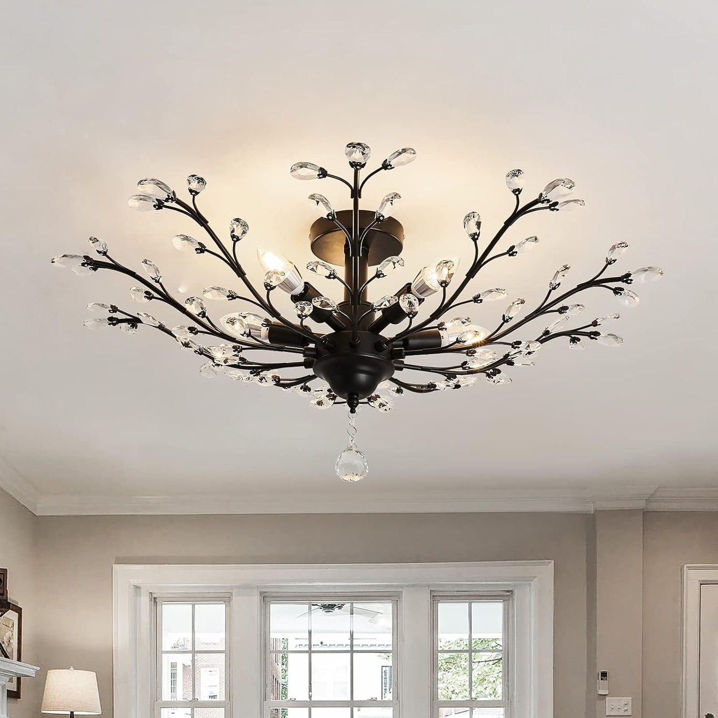 CVKASH 5 - Light Vintage Small Crystal Chandelier Modern Semi Flush Mount Ceiling Light Fixture Chandelier Lighting for Kitchen Bedroom Living Room Dining Room Hallway Foyer（Black）