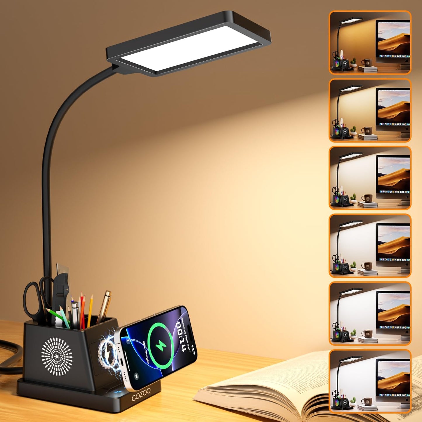 Desk Lamp,Desk Lamps for Home Office,COZOO LED Desk Lamp with 2 USB Charging Ports,2 Pen Holders,1 Outlet,3 Color 3 Brightness Levels,Touch/Memory/Timer,LED Desk Light Small Desk Lamp Kids Study Lamp