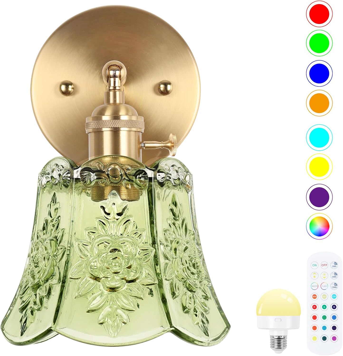 Battery Operated Wall Sconce, Vintage Wall Sconce with Deep Green Tulip Glass Lampshade Rechargeable Battery Powered Wall Light with Remote Control for Bedroom,Living Room, Hallway, Aisle