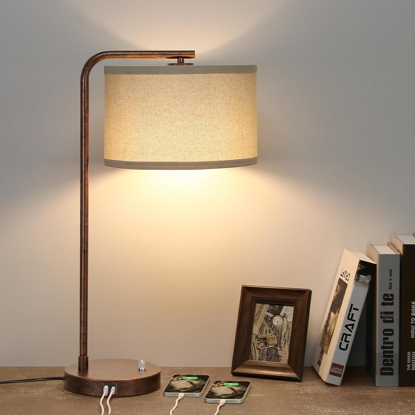 Tall Table Lamp with USB C+A Ports, Fully Stepless Dimmable Modern Bedside Nightstand Lamp, Reading Desk Lamp for Bedroom, Living Room, Study Room, Office, 9W 3000K LED Bulb Included