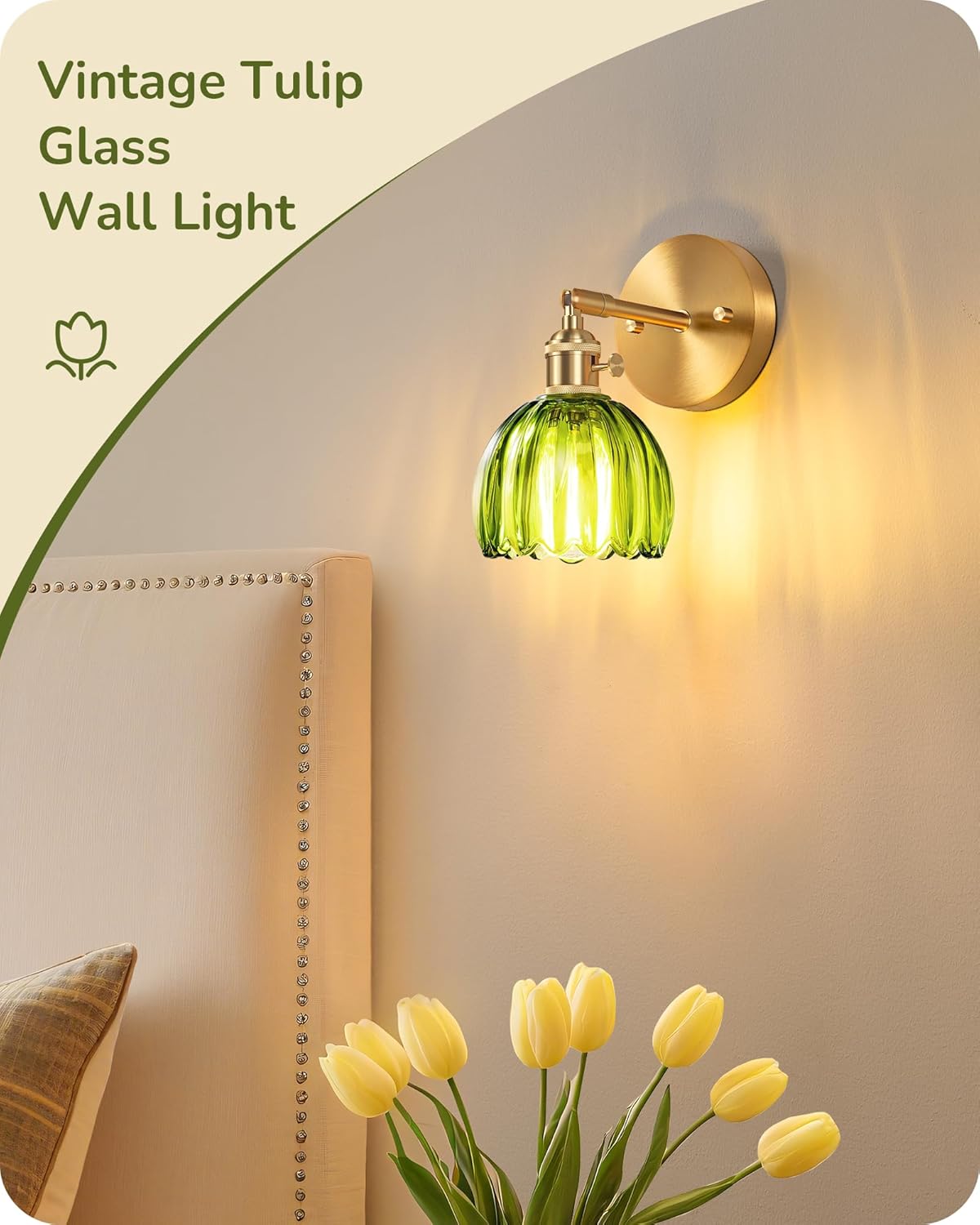 EDISHINE Wall Sconces Set of Two, Vintage Wall Lighting Fixture with Green Tulip Glass Lampshade 180 Degree Adjustable Hardwired, Brass Gold Wall Lamp for Bedroom Living Room Hallway Bathroom