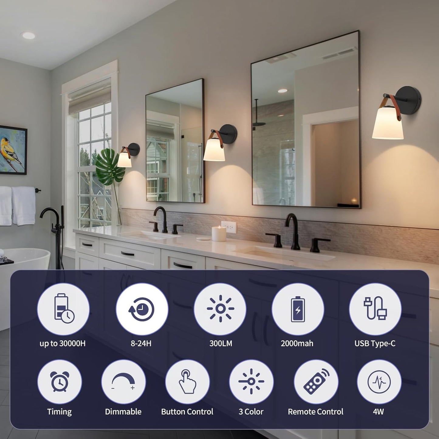 Battery Operated Frosted Glass Wall Sconces Set of Two, Rechargeable Wall Lamp 3 Color Temp & 12 RGB Colors Wireless Battery Powered for Bedroom Living Room with Remote