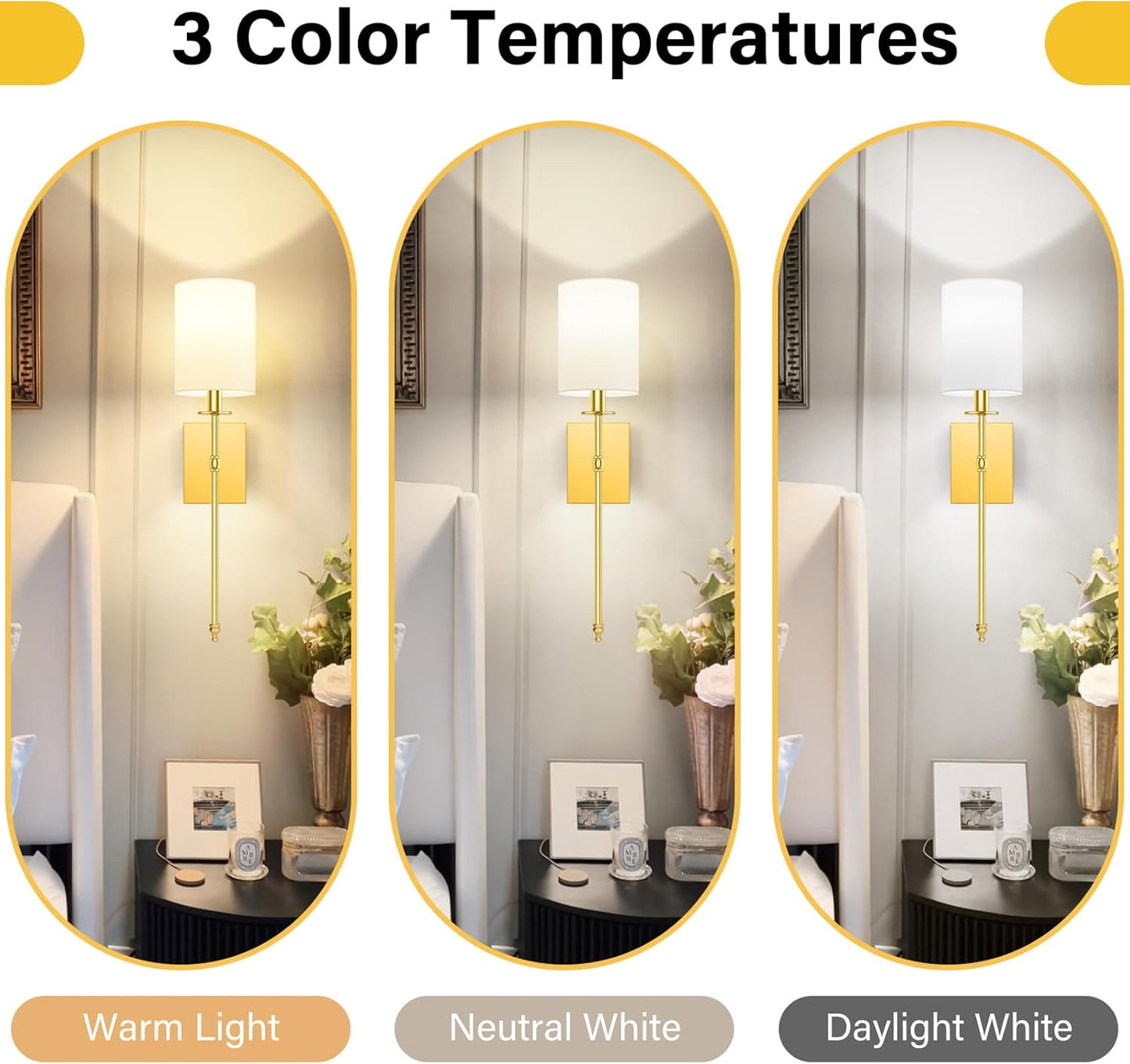 24.8 Inch Wall Sconces Battery Operated Set of 2, Rechargeable Wireless Wall Sconces Lights with Remote, Not Hardwired Dimmable Gold Wall Lamps with White Fabric Shade for Bedroom, 2 Bulbs Included