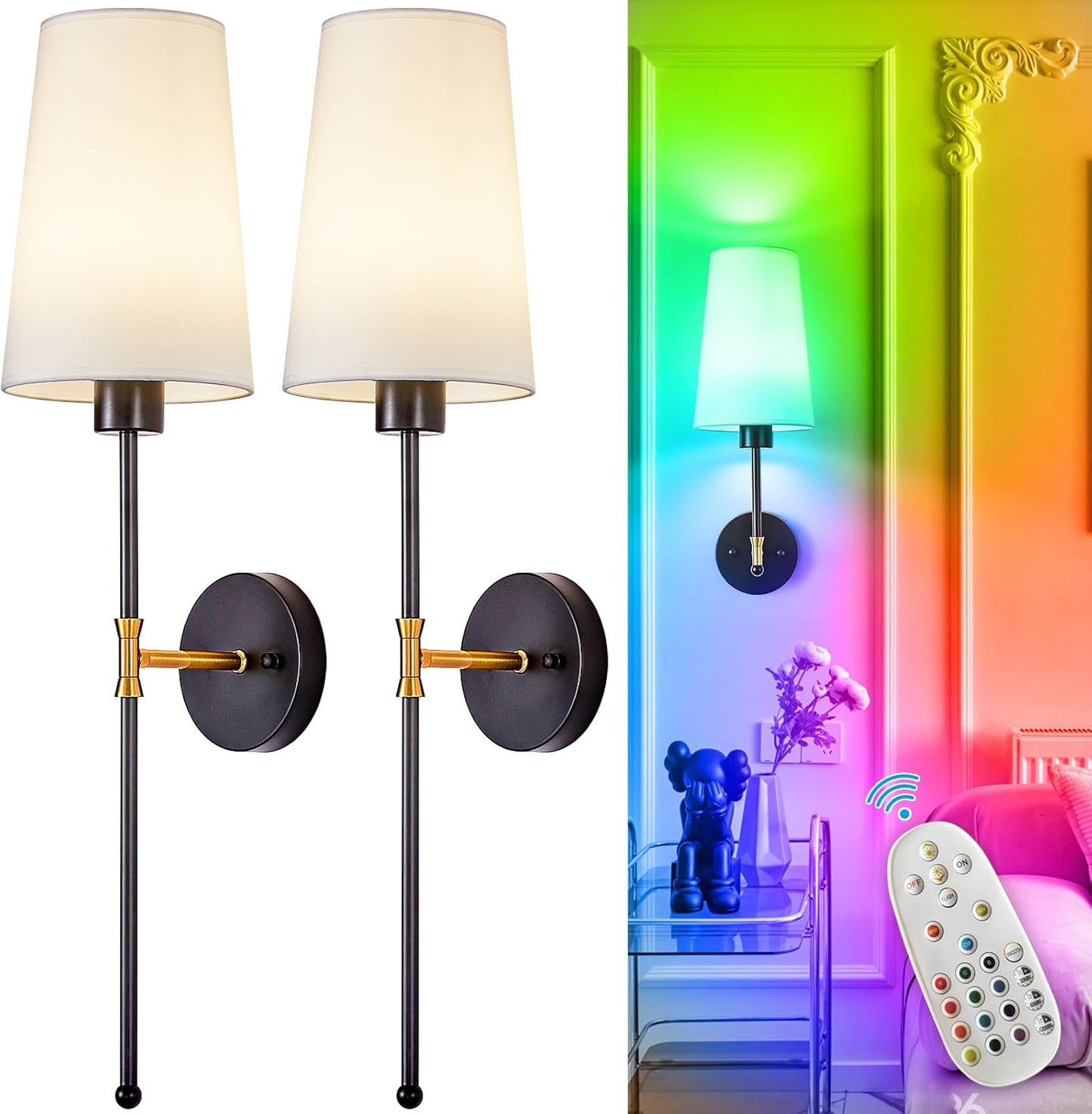 Depuley Battery Operated Wall Sconce: Set of 2 Wireless Wall Lights with Remote for Bedroom - Rechargeable 15 Colors Gold Wall Lamp for Living Room Hallway