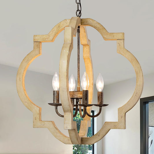21.7 Inch Farmhouse Wood Chandelier for Dining Room, 4-Light Rustic Dining Room Light Fixtures Over Table with E12 Bases, Adjustable Hanging Light Fixture for Kitchen Island, Foyer, Entryway
