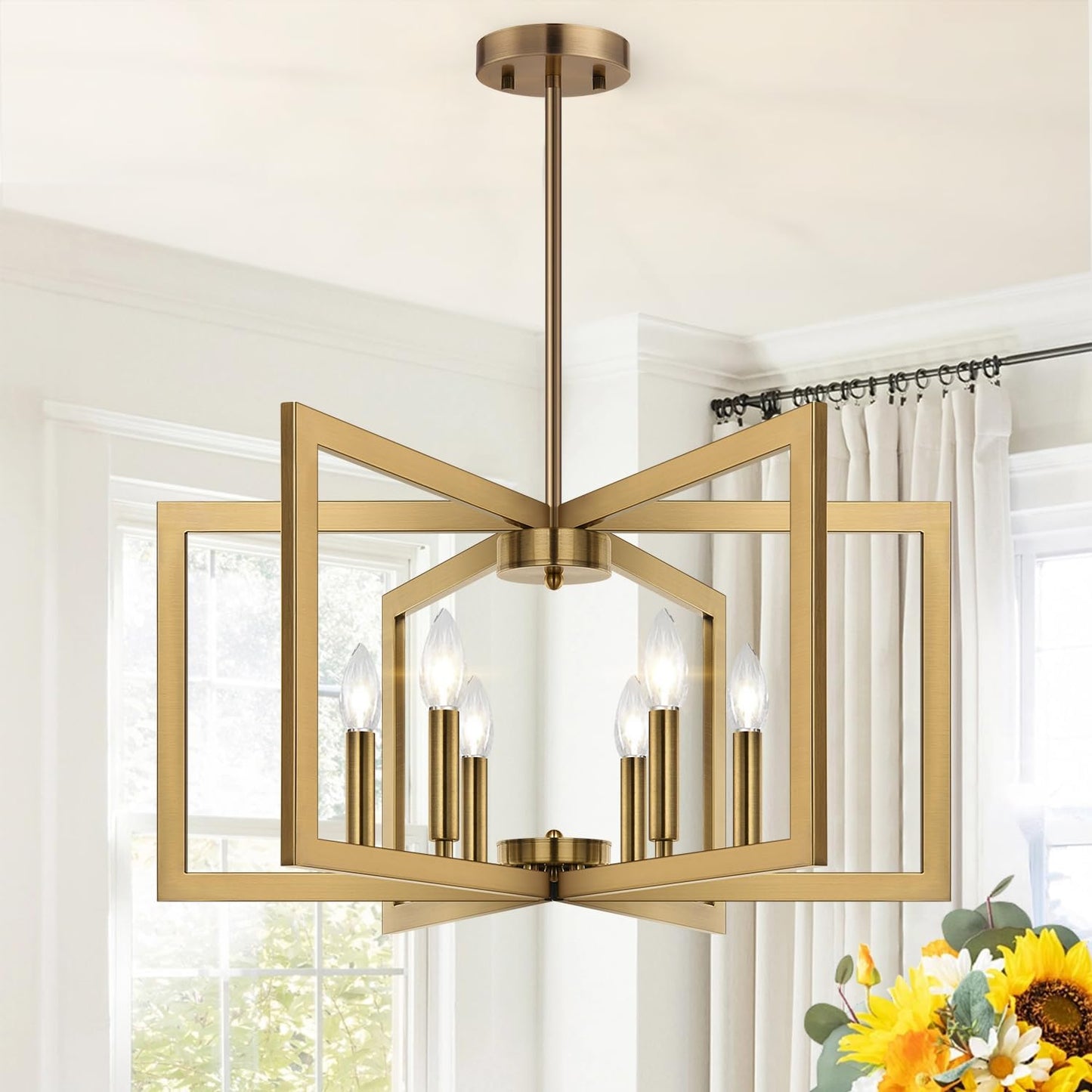 25" Modern Black Chandelier for Dining Room (6-Light, 25-Inch), Geometric Black Dining Room Light Fixture Over Table, Industrial Metal Hanging Pendant Lights for Kitchen Island, Entryway, Foyer