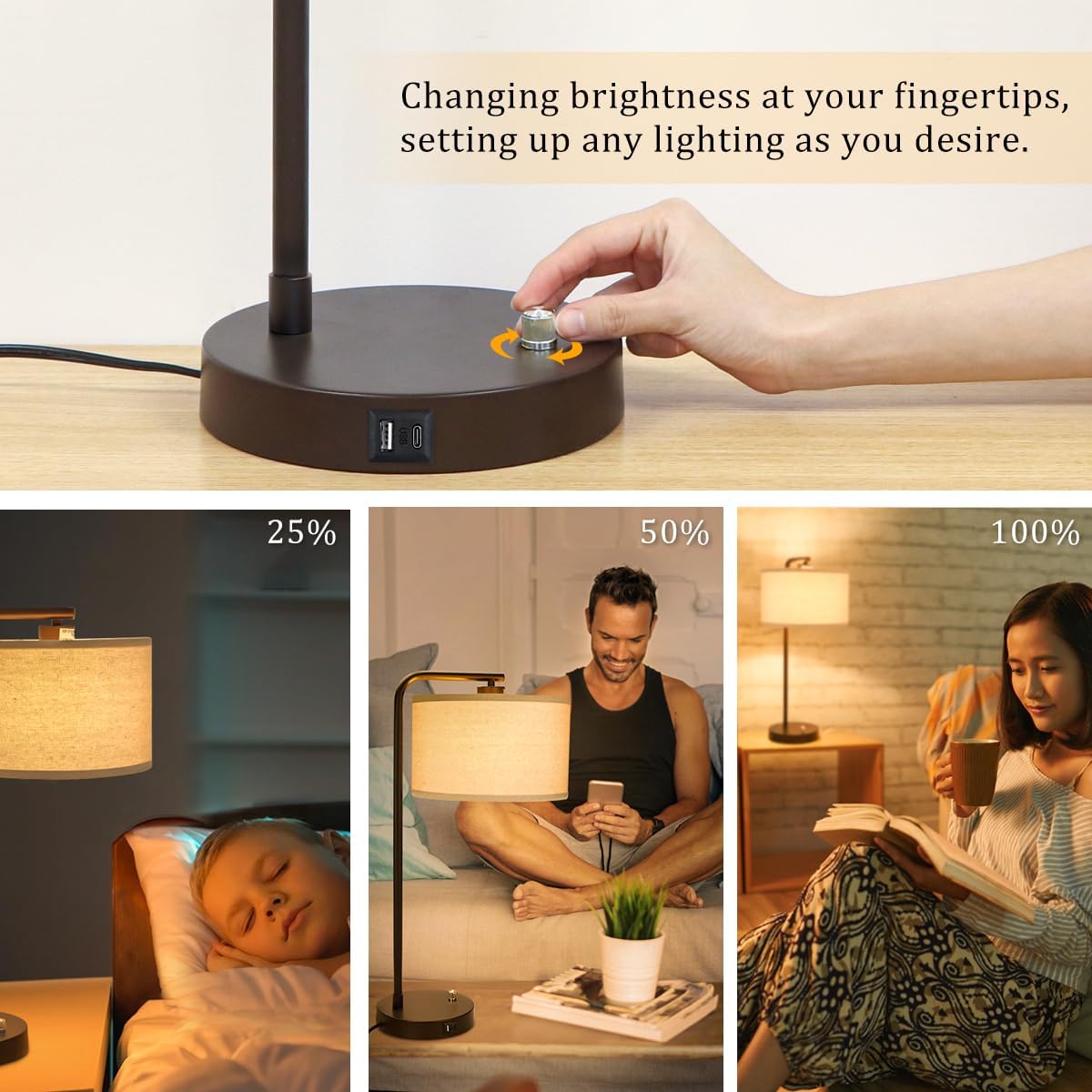 Tall Table Lamp with USB C+A Ports, Fully Stepless Dimmable Modern Bedside Nightstand Lamp, Reading Desk Lamp for Bedroom, Living Room, Study Room, Office, 9W 3000K LED Bulb Included
