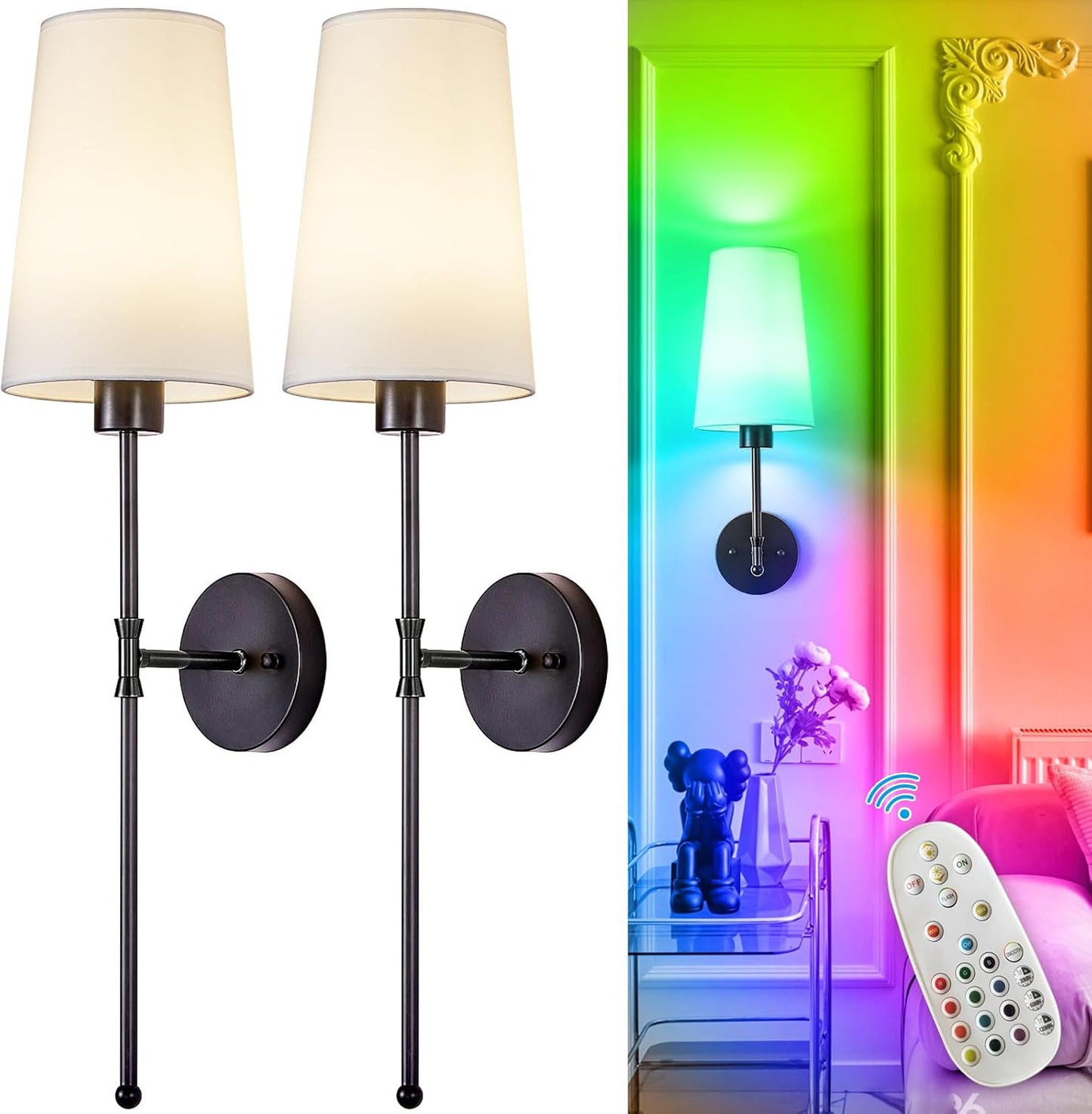 Depuley Battery Operated Wall Sconce: Set of 2 Wireless Wall Lights with Remote for Bedroom - Rechargeable 15 Colors Gold Wall Lamp for Living Room Hallway