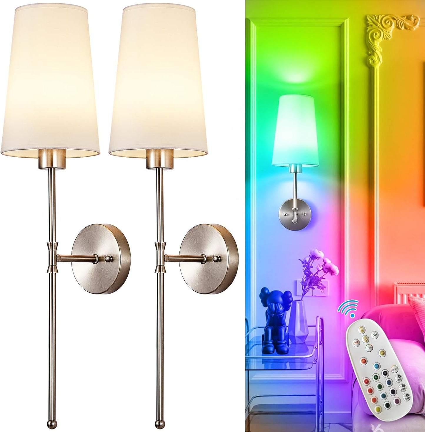 Depuley Battery Operated Wall Sconce: Set of 2 Wireless Wall Lights with Remote for Bedroom - Rechargeable 15 Colors Gold Wall Lamp for Living Room Hallway