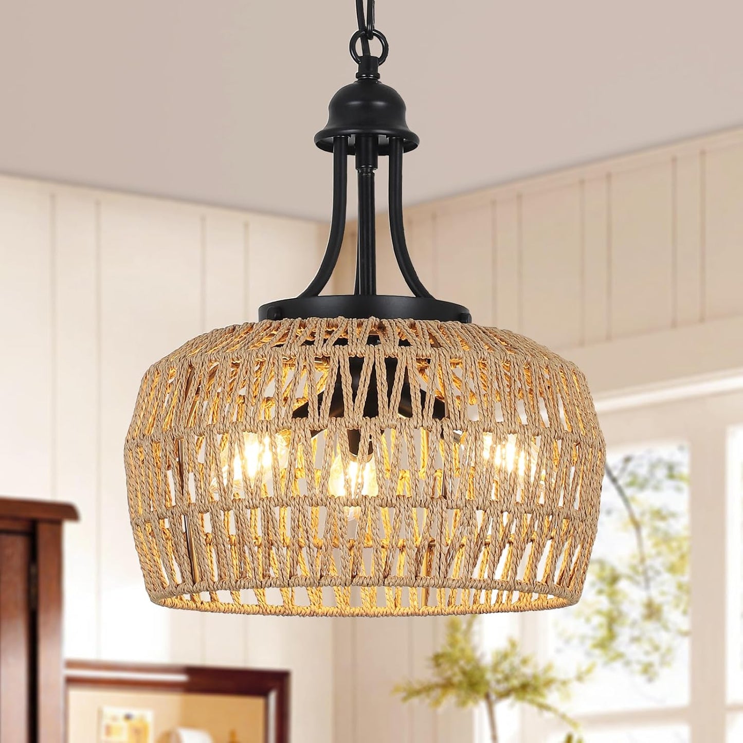 HMVPL Large Farmhouse Chandeliers for Dining Room, 5-Light Rattan Boho Chandelier Light Fixture with Wicker Lampshade, Coastal Hanging Pendant Lighting for Kitchen Island Bedroom Living Room Nursery