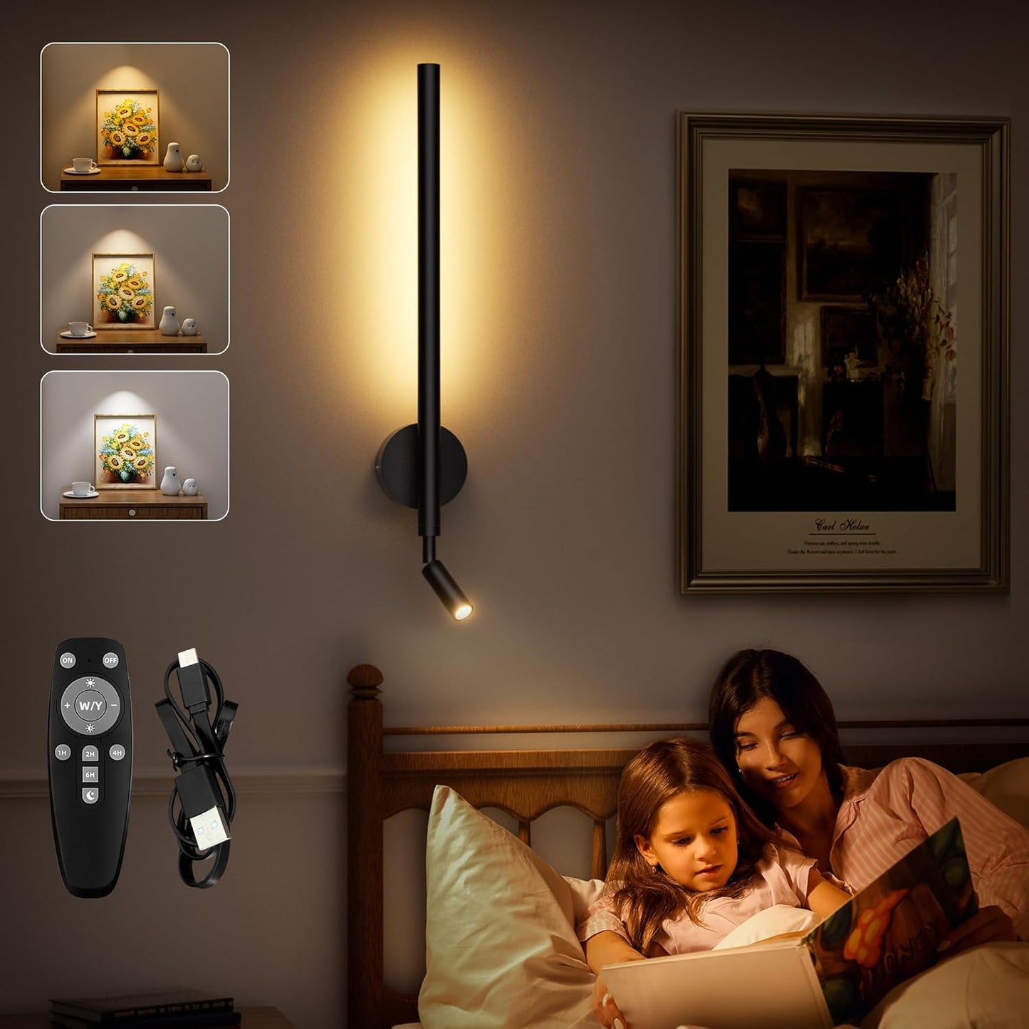 Battery Operated Sconces Set of Two: Wireless Magnet Wall Lights Rechargeable with Remote Cordless Adhesive LED Sconces Wall Lighting Indoor for Living Room Bedroom Hallway Decor Black