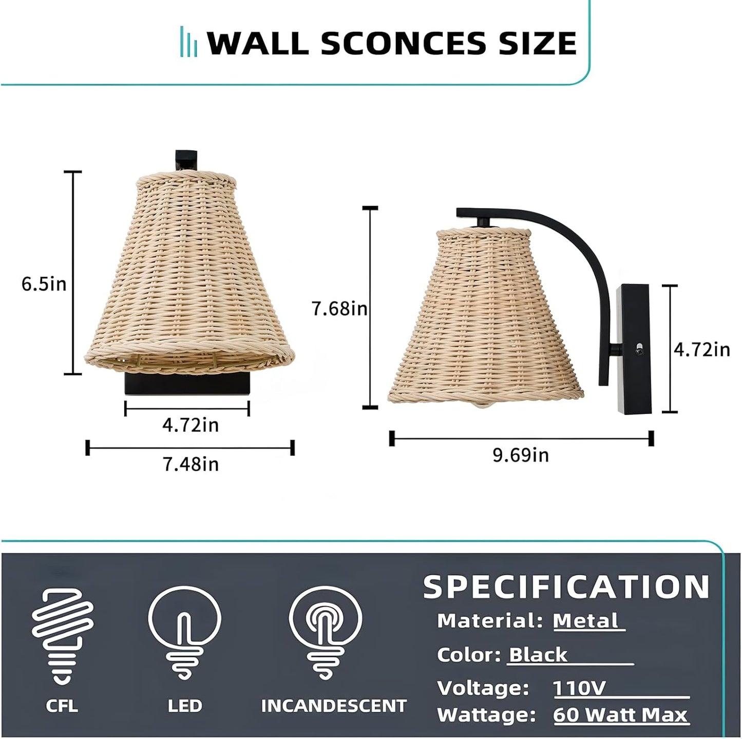 Boho Rattan Wall Sconce, Wrapped Wall Light Fixture with Hand Woven Wicker Lamp Shade, Hardwired Rustic Farmhouse Bedside Wall Mount Lighting Fixtures for Bedroom Living Room Hallway Bathroom Kitchen