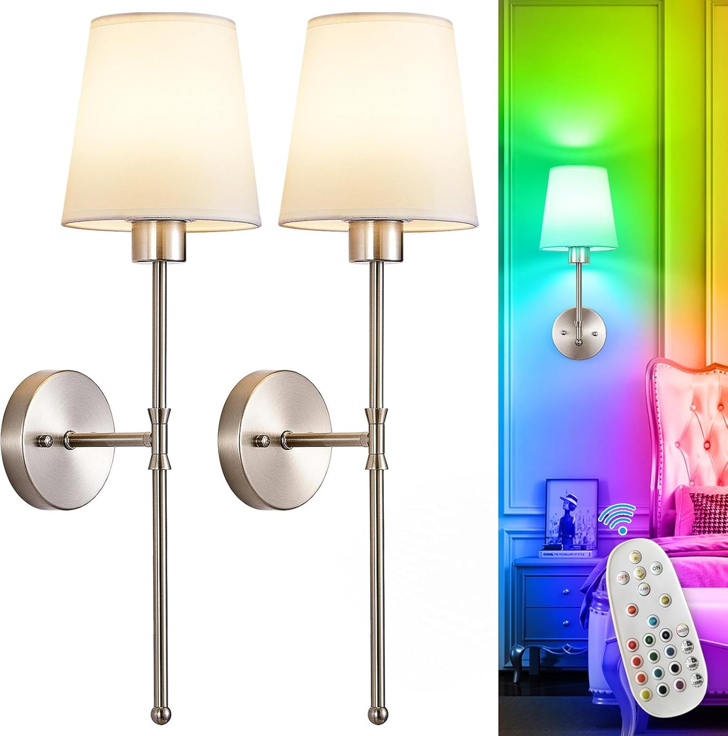 Depuley Battery Operated Wall Sconce: Set of 2 Wireless Wall Lights with Remote for Bedroom - Rechargeable 15 Colors Gold Wall Lamp for Living Room Hallway