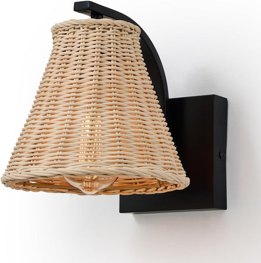 Boho Rattan Wall Sconce, Wrapped Wall Light Fixture with Hand Woven Wicker Lamp Shade, Hardwired Rustic Farmhouse Bedside Wall Mount Lighting Fixtures for Bedroom Living Room Hallway Bathroom Kitchen