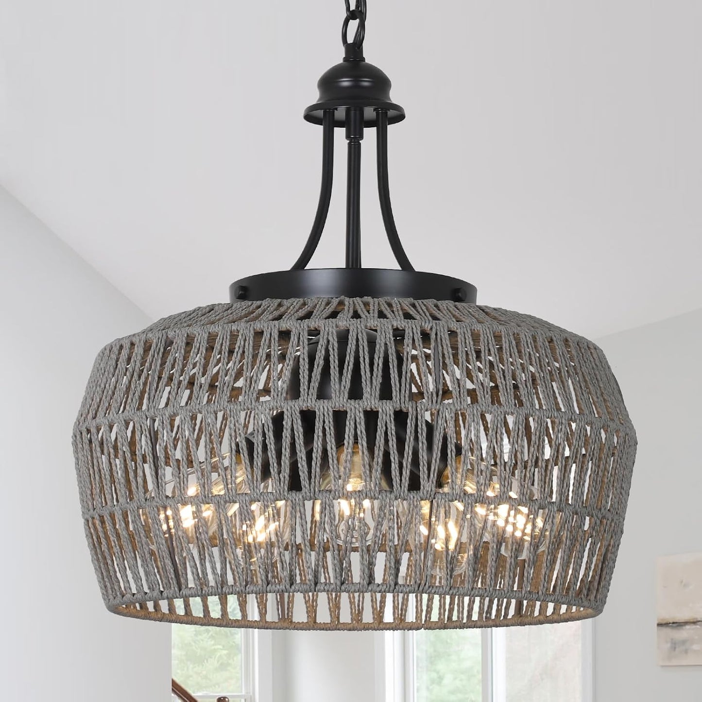 HMVPL Large Farmhouse Chandeliers for Dining Room, 5-Light Rattan Boho Chandelier Light Fixture with Wicker Lampshade, Coastal Hanging Pendant Lighting for Kitchen Island Bedroom Living Room Nursery