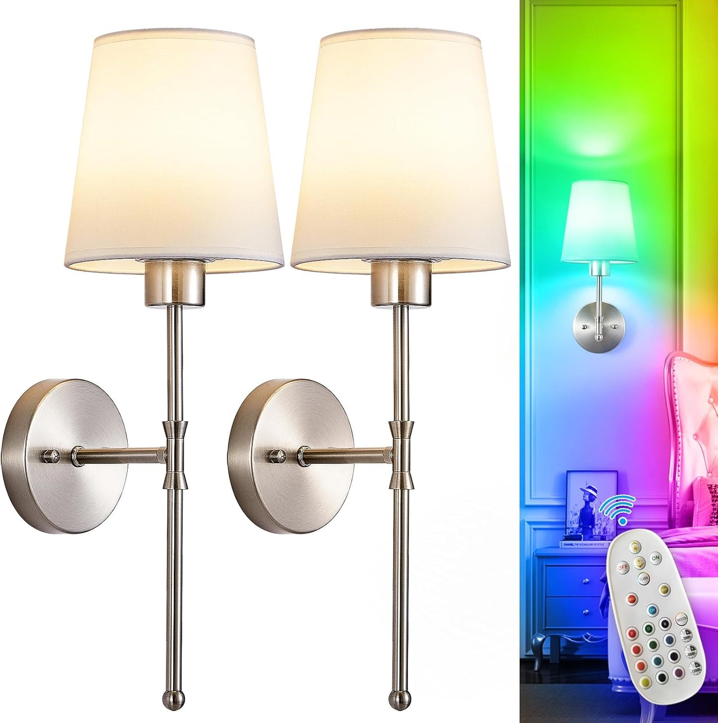 Depuley Battery Operated Wall Sconce: Set of 2 Wireless Wall Lights with Remote for Bedroom - Rechargeable 15 Colors Gold Wall Lamp for Living Room Hallway