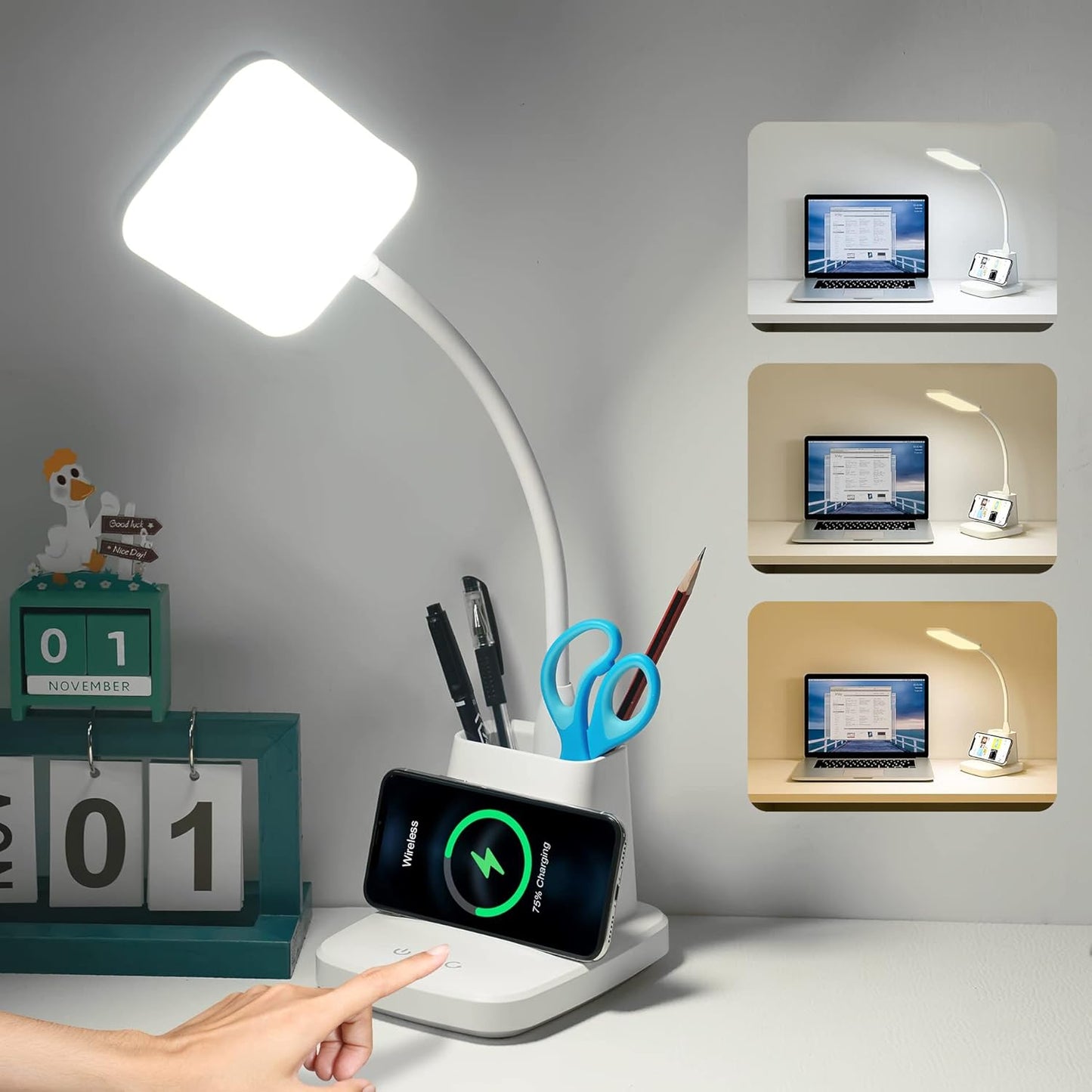 Sailstar Desk Lamp, LED Desk Lamps for Home Office, Wireless Charger Small Desk Lamp with Pen Holder, 3 Color Modes, Dimmable, CRI 85, 800LM, Study Lamps for College Dorm Room, Adapter Included, Black