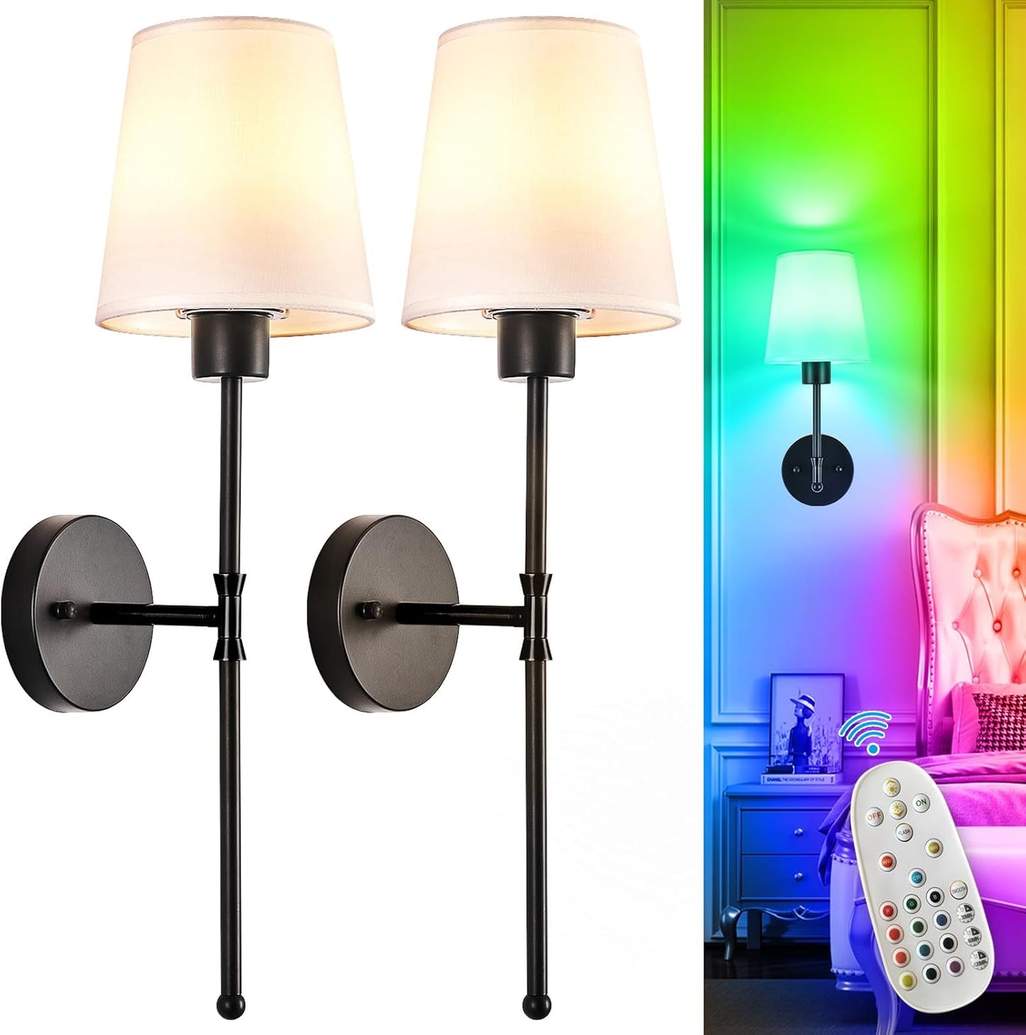 Depuley Battery Operated Wall Sconce: Set of 2 Wireless Wall Lights with Remote for Bedroom - Rechargeable 15 Colors Gold Wall Lamp for Living Room Hallway