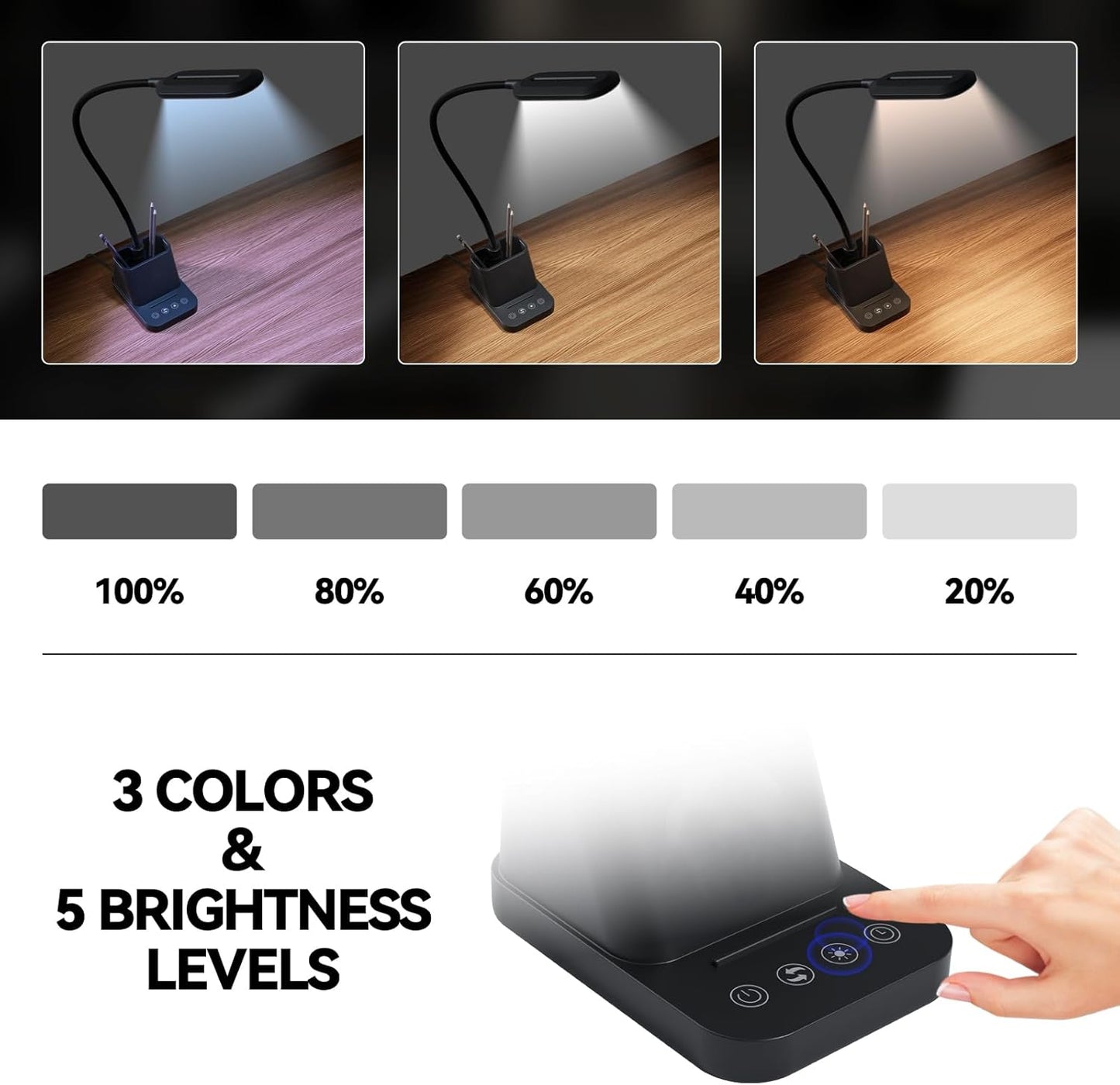 AXX LED Desk Lamp with USB Charging Port, Study Table Light for Home Office Bedrooms, Black, Flexible Gooseneck, Small, 650LM, Pen Holder, Timer Settings, School Essentials for College Dorm Room