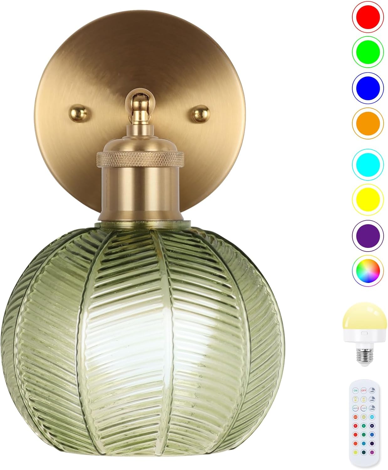 Battery Operated Wall Sconce, Vintage Wall Sconce with Deep Green Tulip Glass Lampshade Rechargeable Battery Powered Wall Light with Remote Control for Bedroom,Living Room, Hallway, Aisle