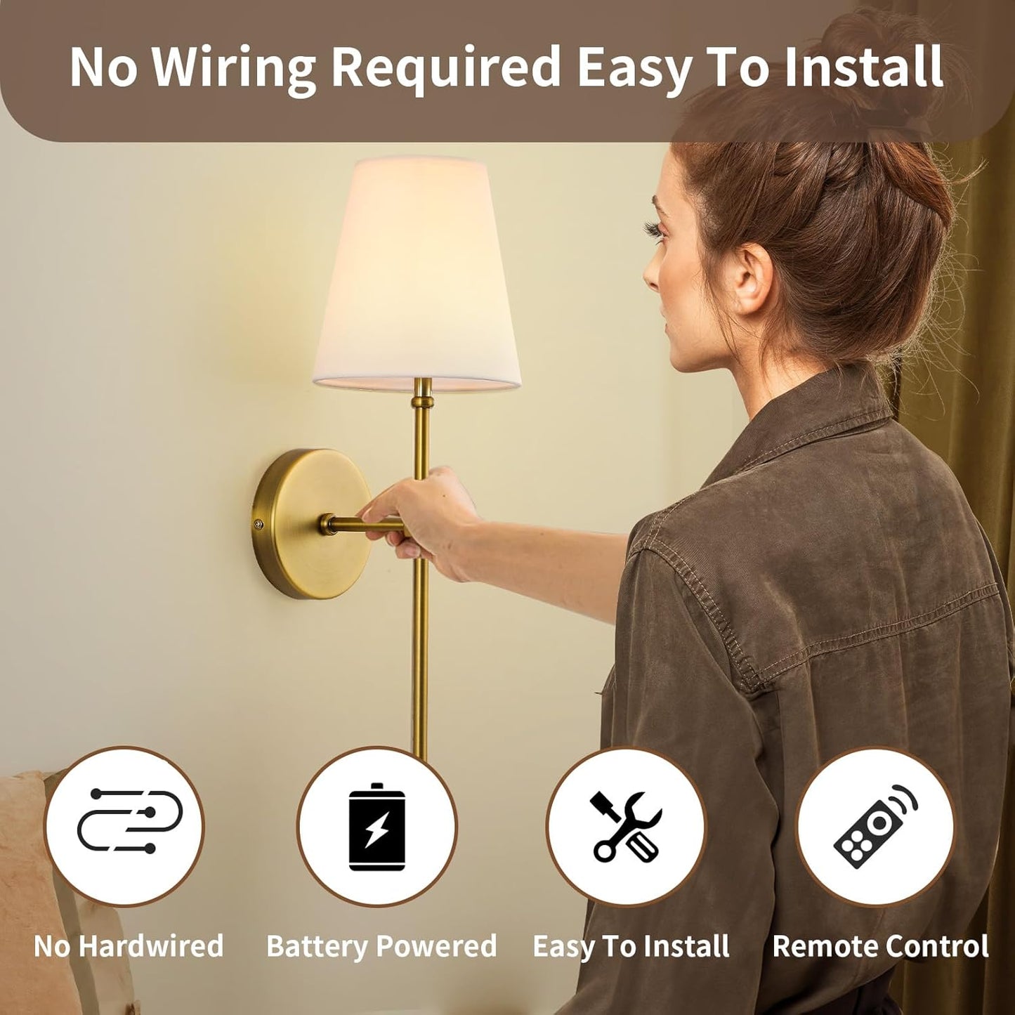 HOXIYA DIMMABLE Battery Operated Wall Sconces Set of 2, Rechargeable Wireless Gold Wall Lighting with Remote Control, Farmhouse Wall Lamp with Detachable Charging Light Bulb for Indoor Bedroom Brass