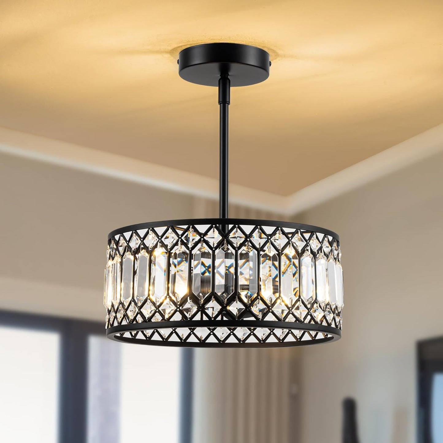 Crystal Ceiling Light Fixture, Modern Semi Flush Mount Ceiling Light,Crystal Chandelier for Kitchen Bedroom Bathroom Entryway Black (Bulb not Included)