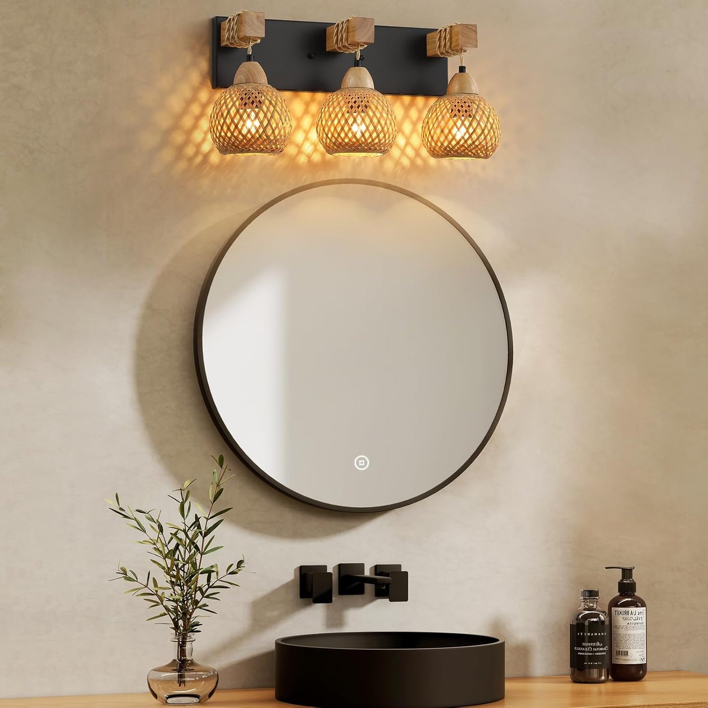 3-Light Bathroom Vanity Light Fixtures， Rustic Style Farmhouse Wood Bathroom Wall Sconce， Handmade Bamboo Woven Boho Wicker Basket Lamp Shade，suitable for bedroom, hallway, and living room