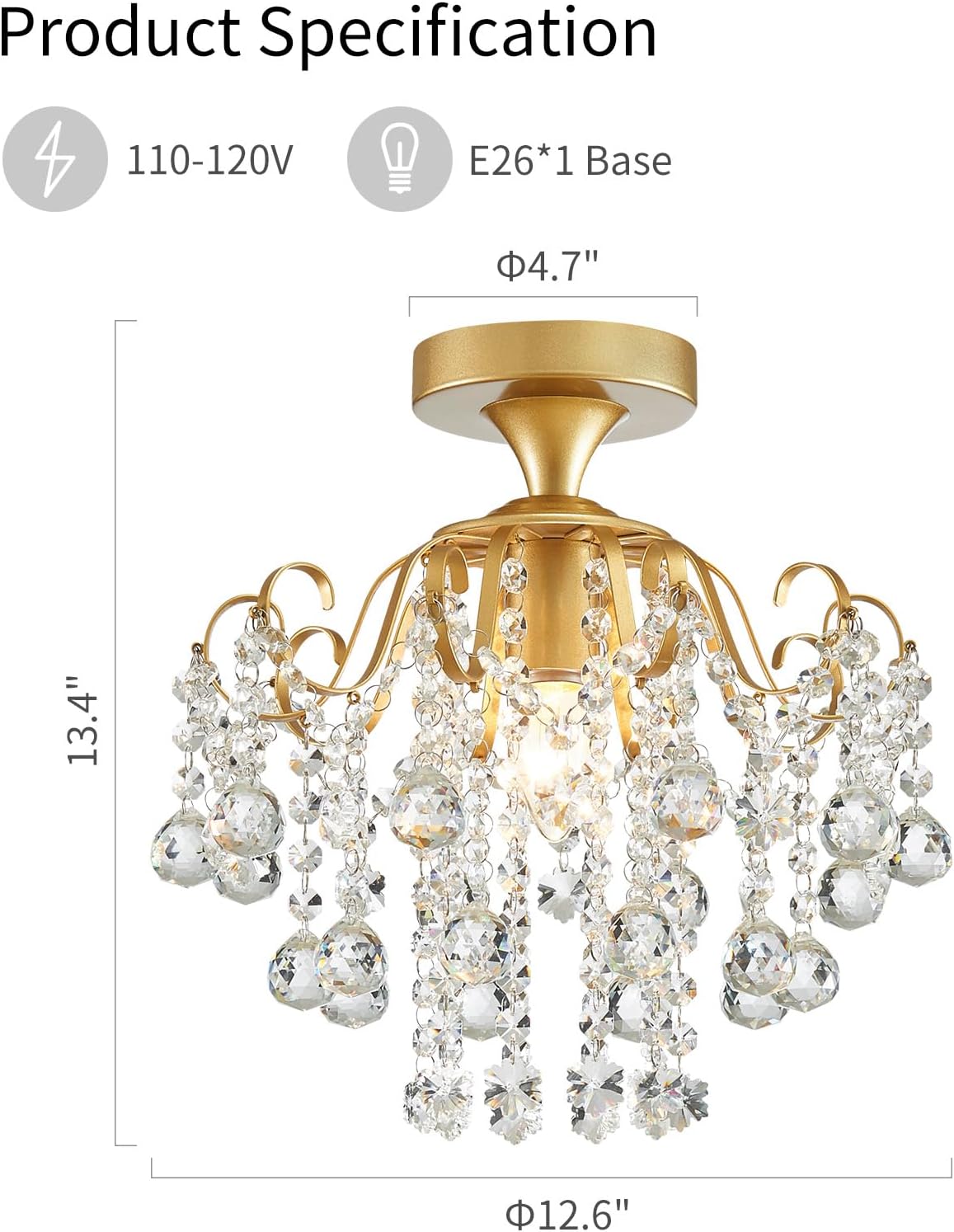 WUZUPS Crystal Chandelier Flushmount Ceiling Light Modern Lighting Fixture for Bedroom Hallway Bar Kitchen Bathroom, H 13.4" x W 12.6", E26 Base, Gold