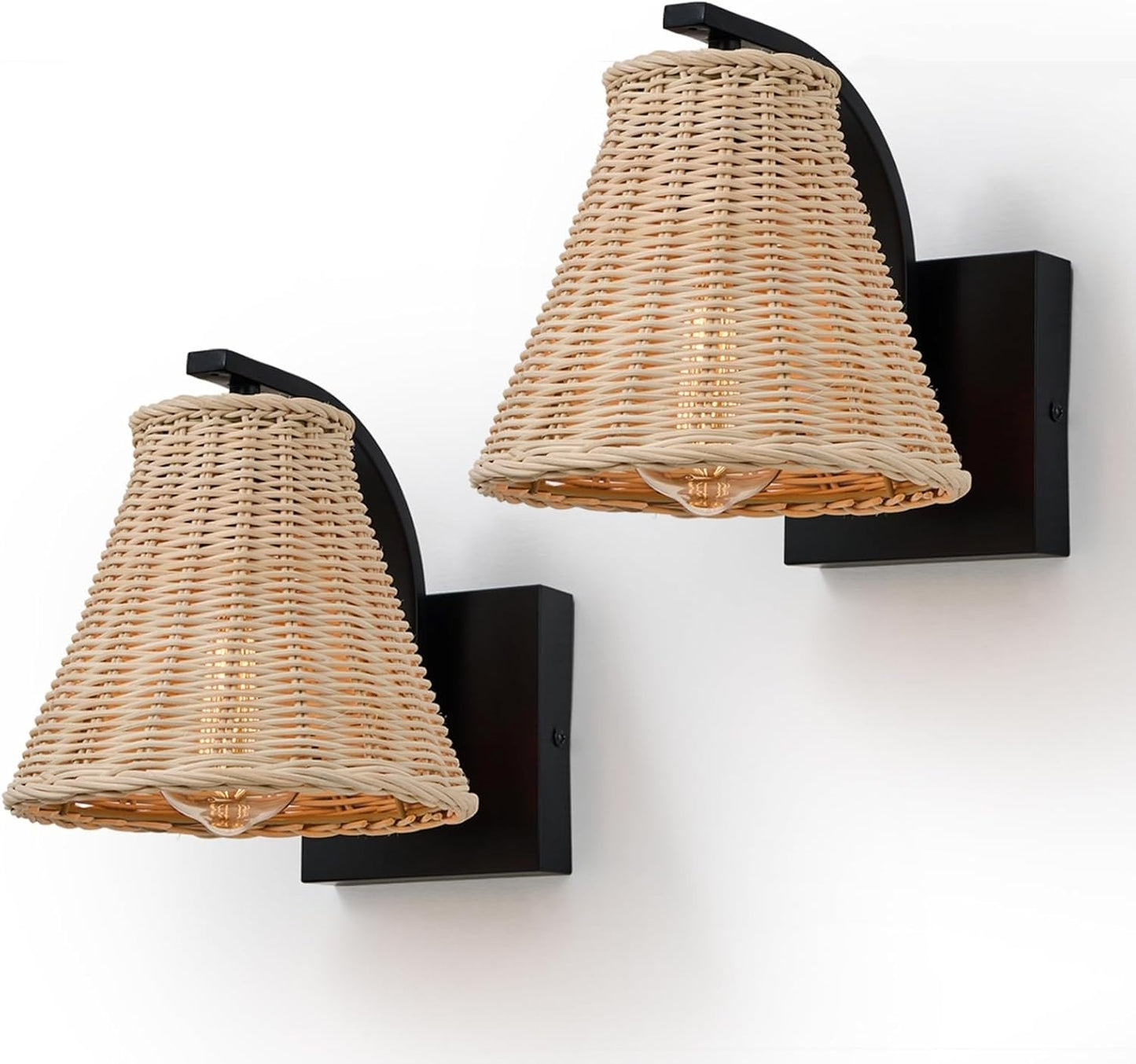 Boho Rattan Wall Sconce, Wrapped Wall Light Fixture with Hand Woven Wicker Lamp Shade, Hardwired Rustic Farmhouse Bedside Wall Mount Lighting Fixtures for Bedroom Living Room Hallway Bathroom Kitchen