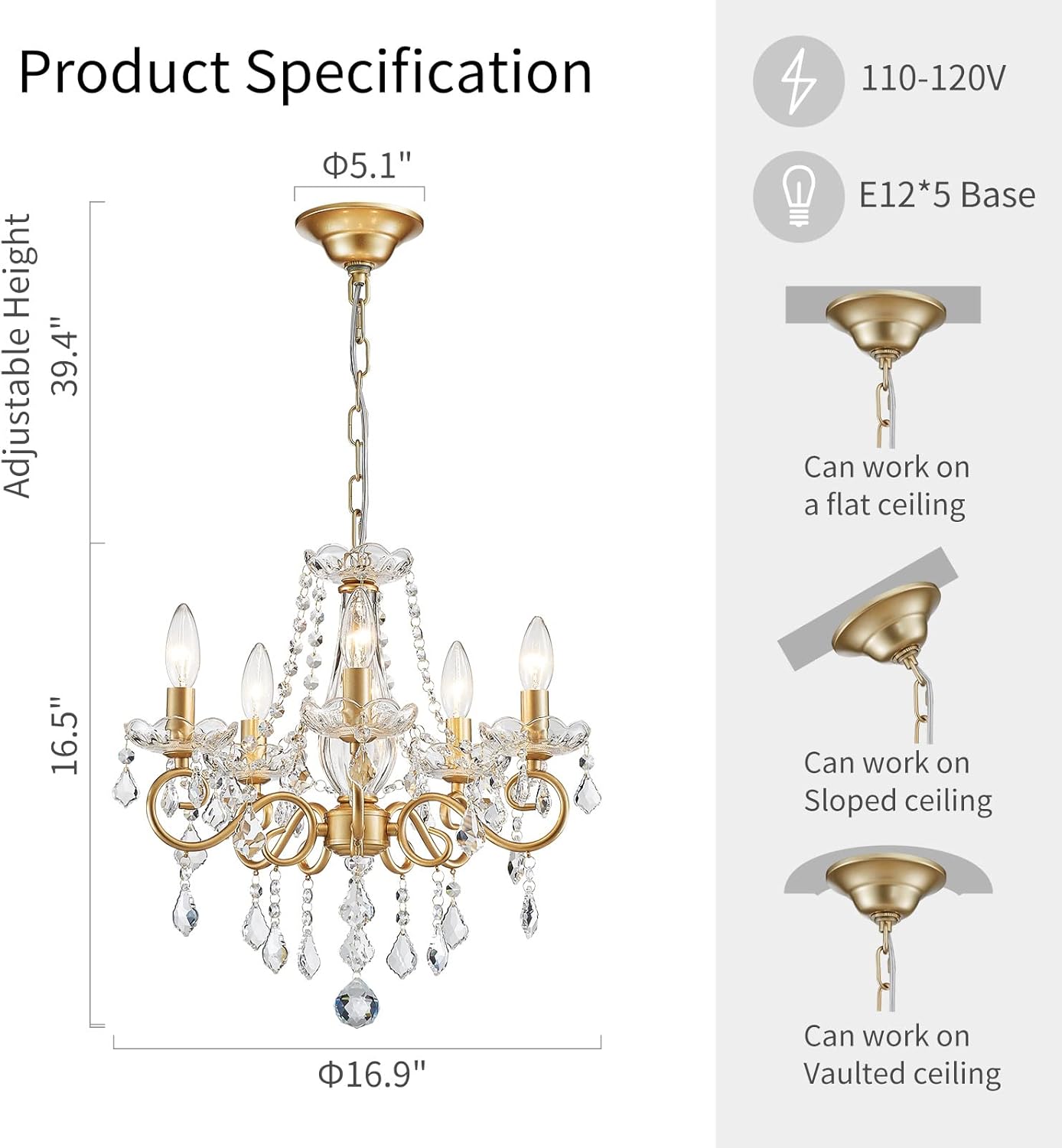ANJIADENGSHI Mini Crystal Chandelier K9 Crystal Lighting Chandelier for Living Room 5 E12 Bulbs High 16.5 in x Diameter 16.9 in, Golden