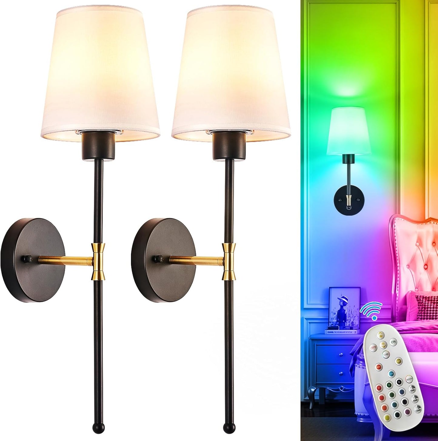 Depuley Battery Operated Wall Sconce: Set of 2 Wireless Wall Lights with Remote for Bedroom - Rechargeable 15 Colors Gold Wall Lamp for Living Room Hallway
