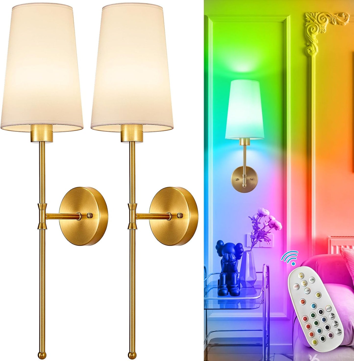 Depuley Battery Operated Wall Sconce: Set of 2 Wireless Wall Lights with Remote for Bedroom - Rechargeable 15 Colors Gold Wall Lamp for Living Room Hallway