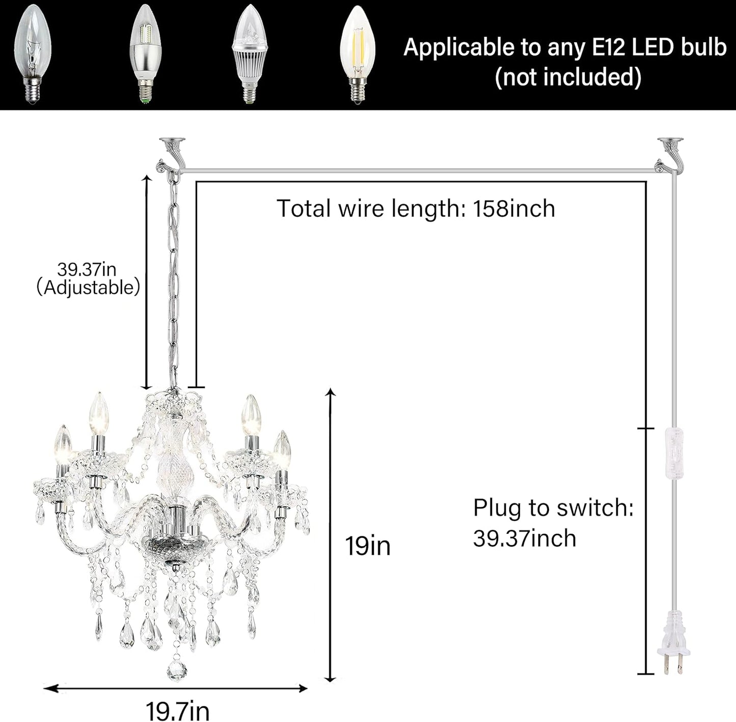 Plug-in 5 Light Crystal Hanging Pendant Lights Acrylic Chandelier with Clear Cord & On/Off Switch H19 D19.7 for Kitchen Island Girls' Room Dining Area Laundry Pavilion.