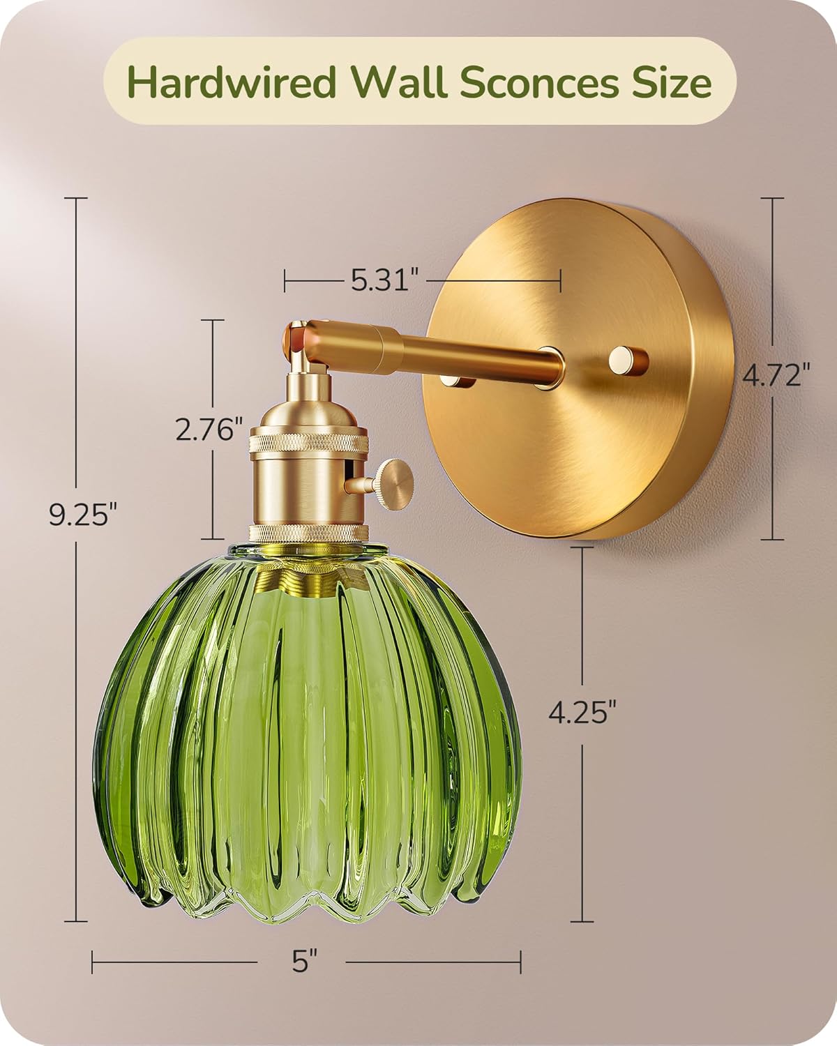 EDISHINE Wall Sconces Set of Two, Vintage Wall Lighting Fixture with Green Tulip Glass Lampshade 180 Degree Adjustable Hardwired, Brass Gold Wall Lamp for Bedroom Living Room Hallway Bathroom