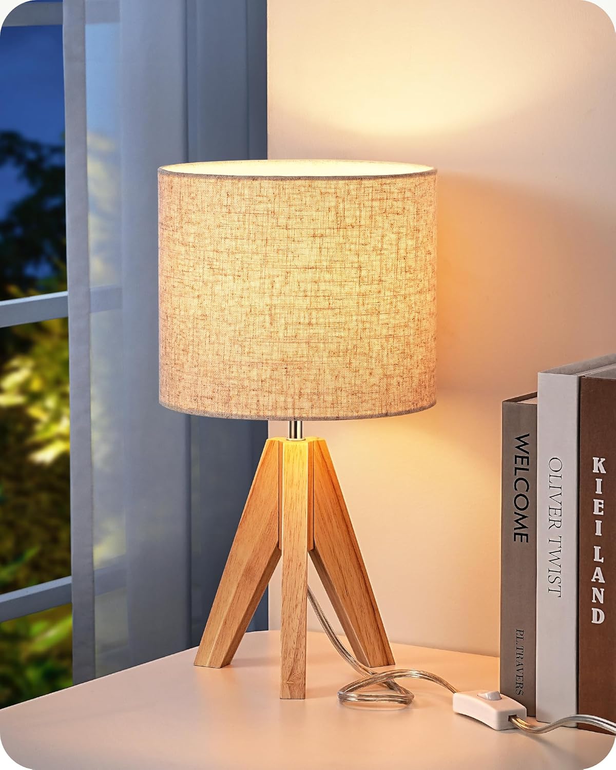 EDISHINE Tripod Table Lamp, Small Cute Bedside Lamp with Linen Beige Lampshade, Nightstand Lamp for Nursery, Bedroom, Kid Room, Living Room, Light Brown Wooden Base, E26 Socket, 14.2 Inch