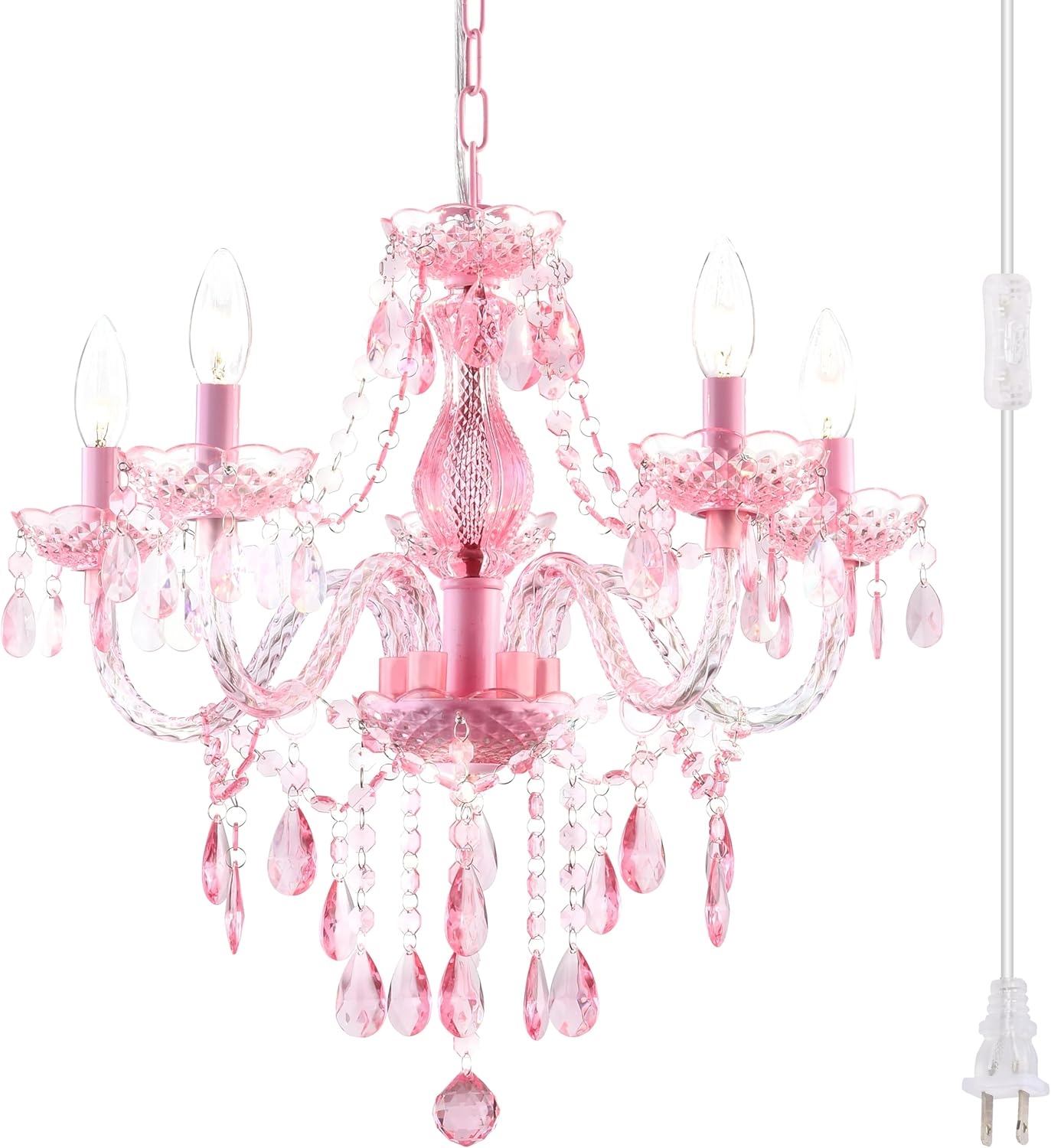 Plug-in 5 Light Crystal Hanging Pendant Lights Acrylic Chandelier with Clear Cord & On/Off Switch H19 D19.7 for Kitchen Island Girls' Room Dining Area Laundry Pavilion.