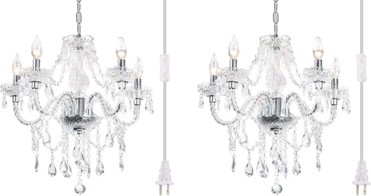 Plug-in 5 Light Crystal Hanging Pendant Lights Acrylic Chandelier with Clear Cord & On/Off Switch H19 D19.7 for Kitchen Island Girls' Room Dining Area Laundry Pavilion.
